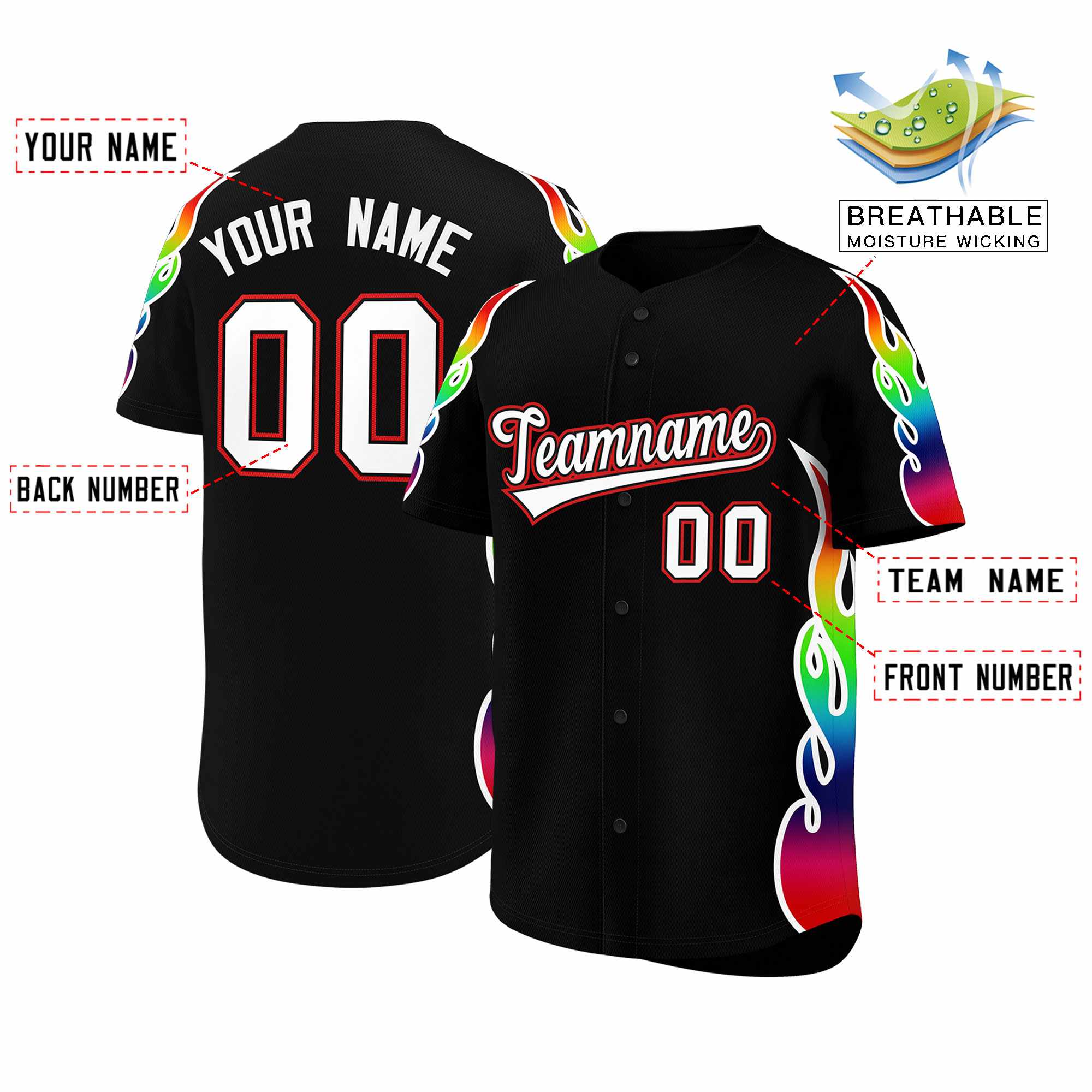 Benutzerdefiniertes Graffiti-Muster, personalisierter mehrfarbiger Flammendruck, authentisches Baseball-Trikot