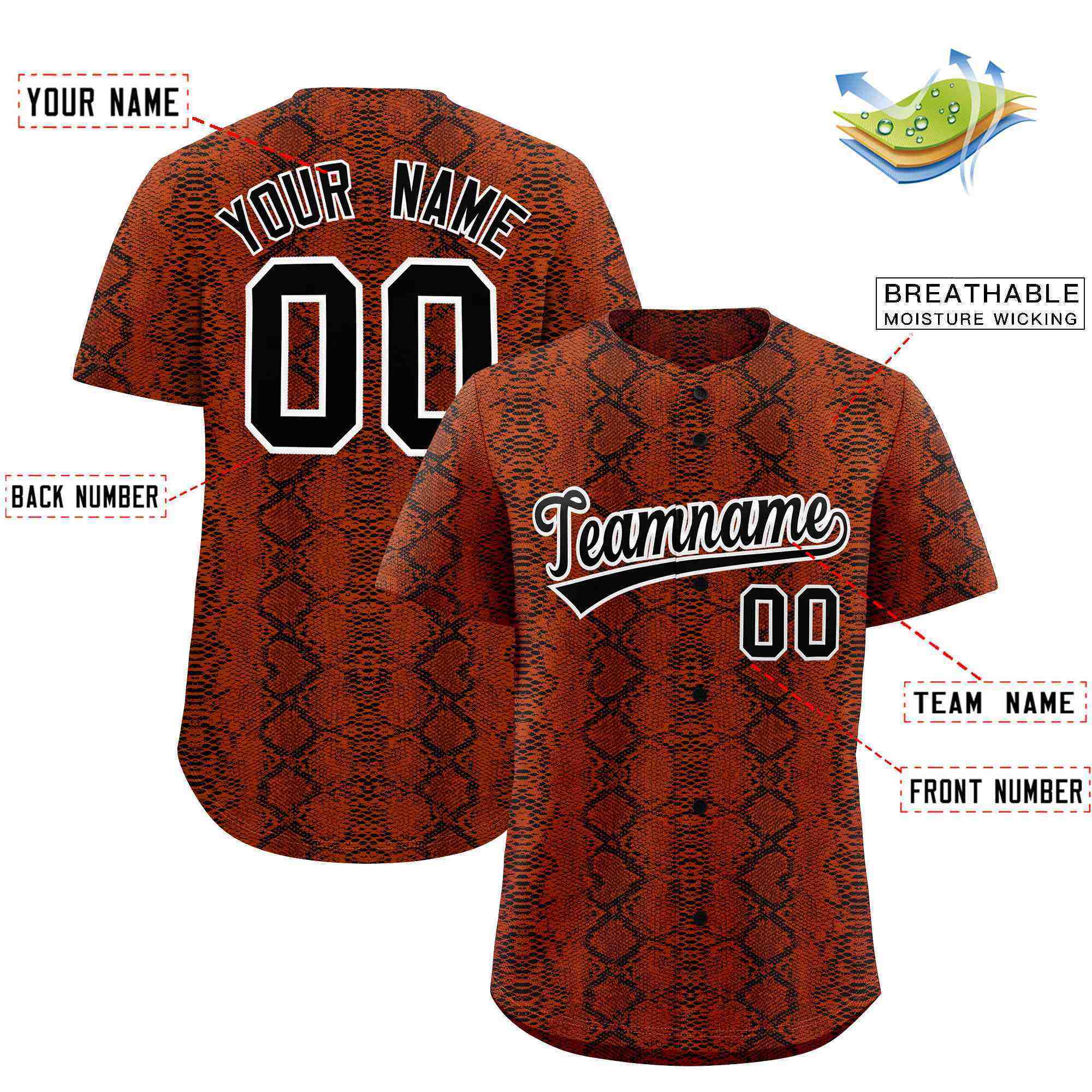 Benutzerdefiniertes authentisches Baseball-Trikot mit mehrfarbigem Schlangenledermuster