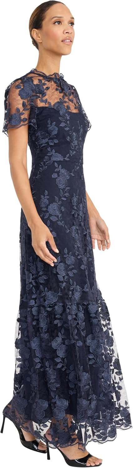 Women's Womens Lace Maxi Dress with Embroidered Details Trumpet Silhouette V-Back - Wedding Guest Dresses