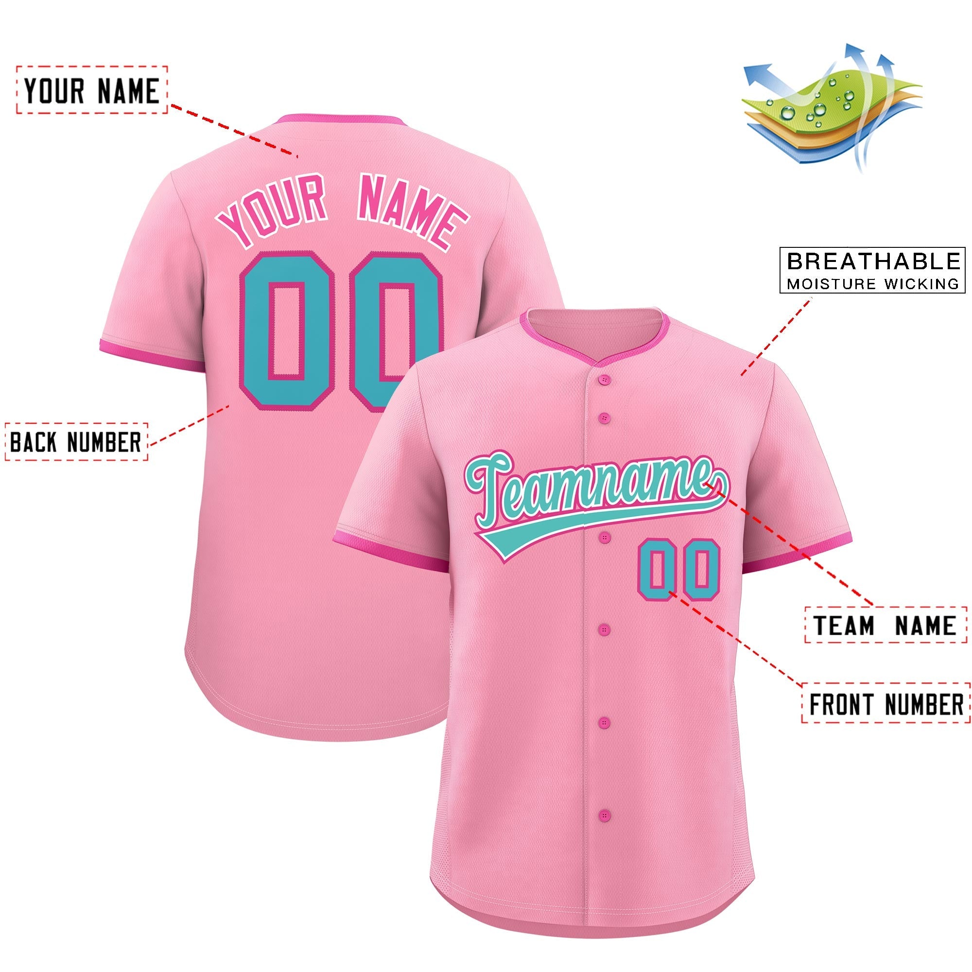 Benutzerdefinierte hellrosa, rosa, rot, blaugrün, klassischer Stil, genähte Sportuniform für Männer, Frauen, Jugendliche, personalisiertes, schnell trocknendes Baseball-Trikot