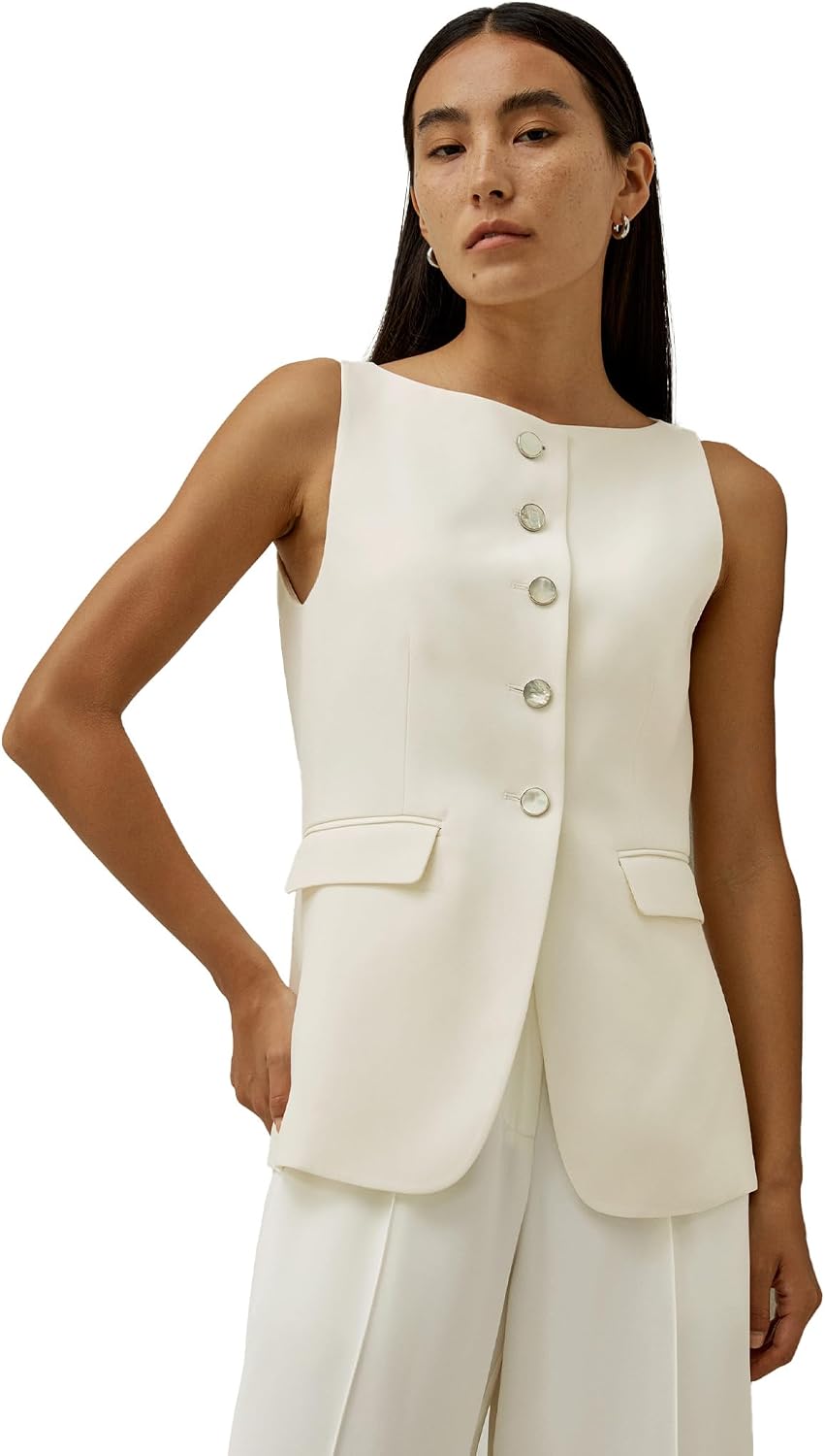 Women's Silk Blazer Vest Button Front Boatneck Ivory Waistcoat