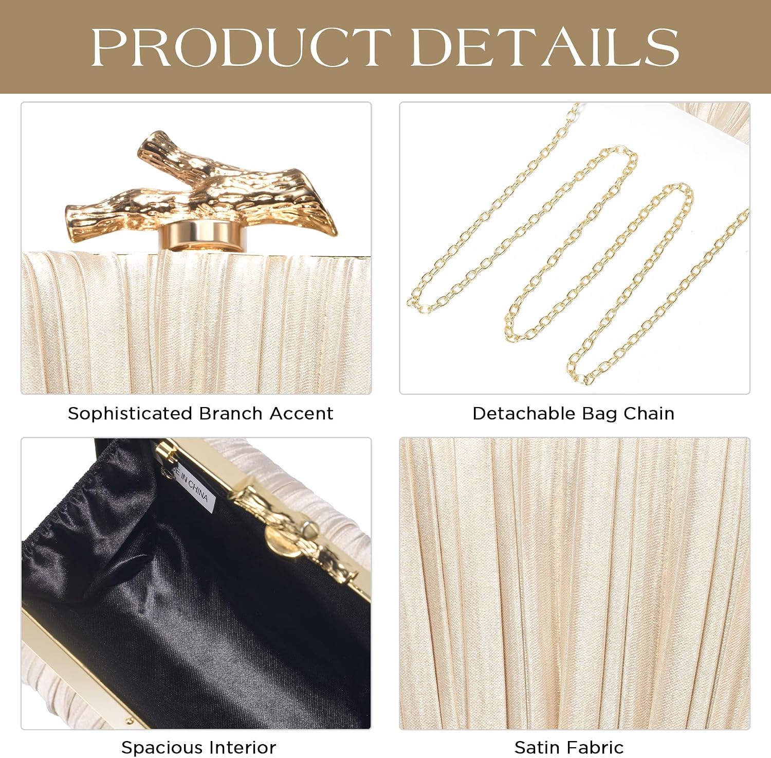 Women's Pleated Satin Clutch Gold Branch Clasp Evening Bag Women's Pleated Satin Clutch Gold Branch Clasp Evening Bag