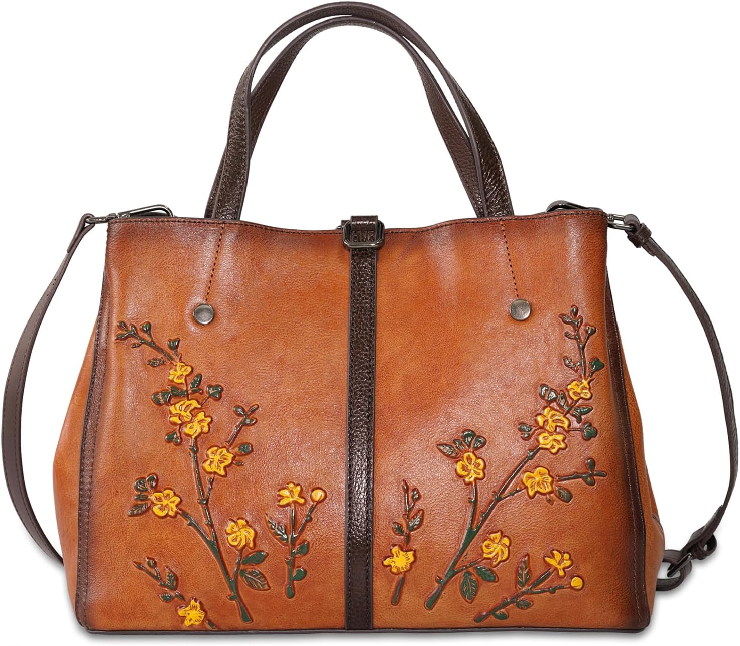 Women's Hand-Painted Floral Genuine Leather Tote Bag Orange
