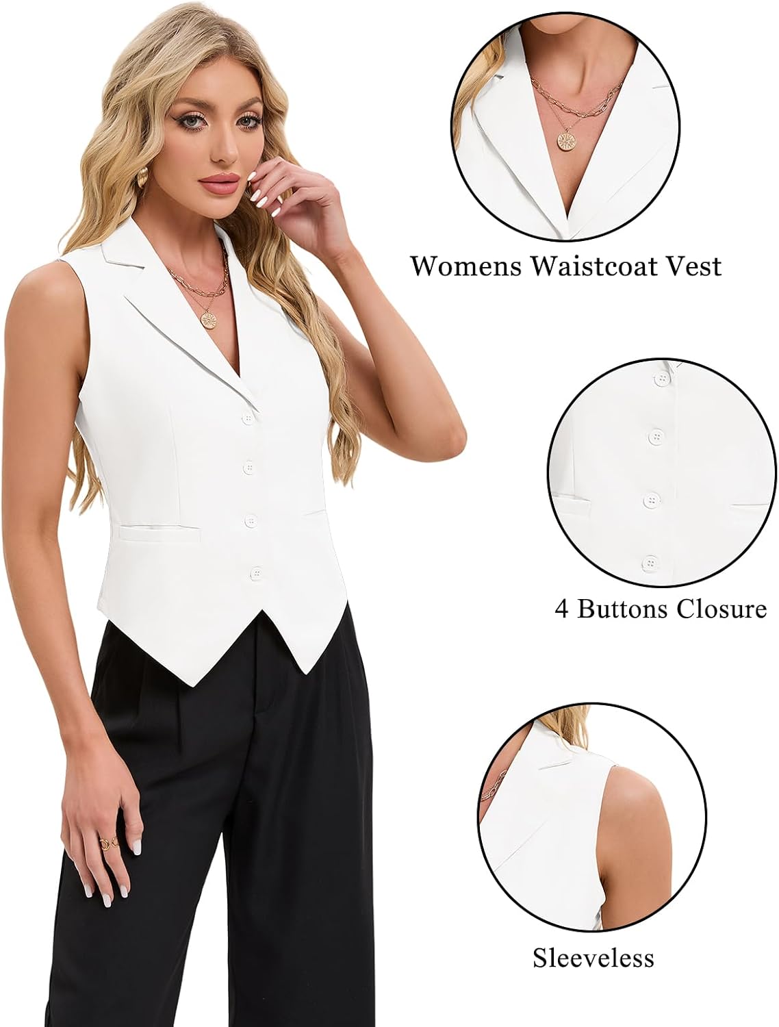 Women's Button Front Waistcoat Notch Lapel Sleeveless White Vest