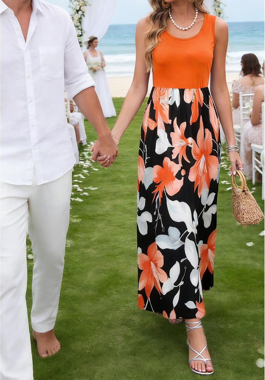 Women's Floral Print Maxi Dress Tank Scoop Neck Orange