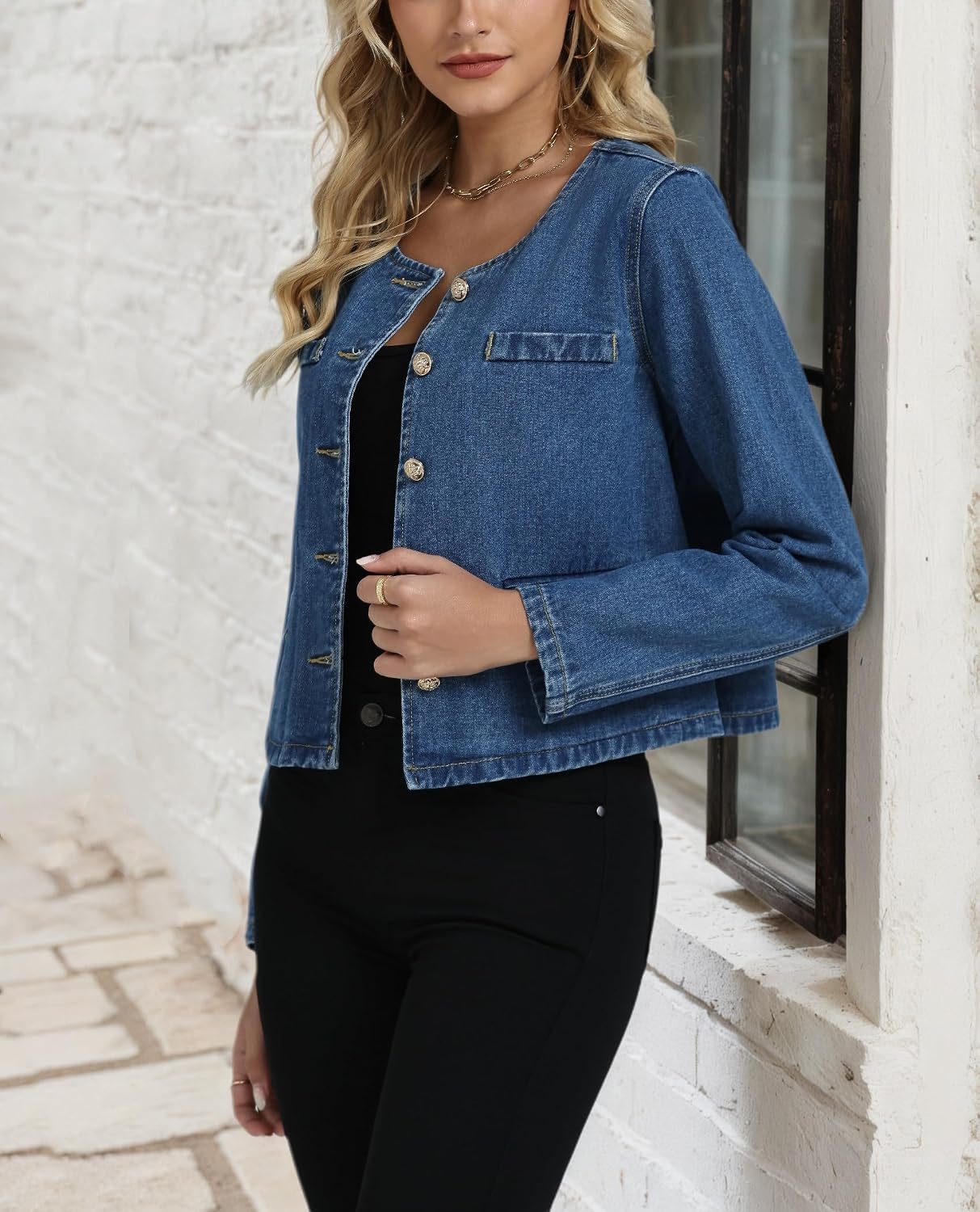 Denim Jacket for Women Collarless Long Sleeve Button Down Cropped Jean Coat