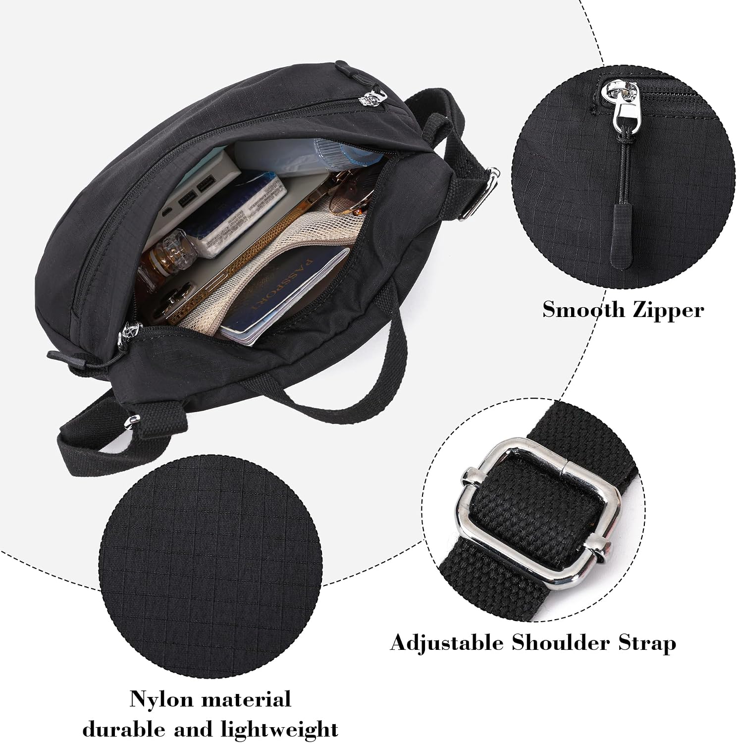 Women's Nylon Crescent Crossbody Bag Packable Travel Purse Black