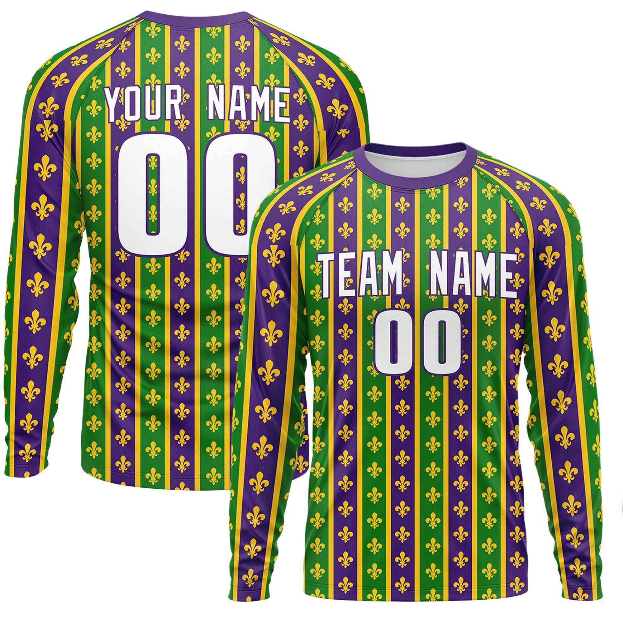 Benutzerdefiniertes, personalisiertes Mardi Gras Langarm-Performance-T-Shirt mit Rundhalsausschnitt
