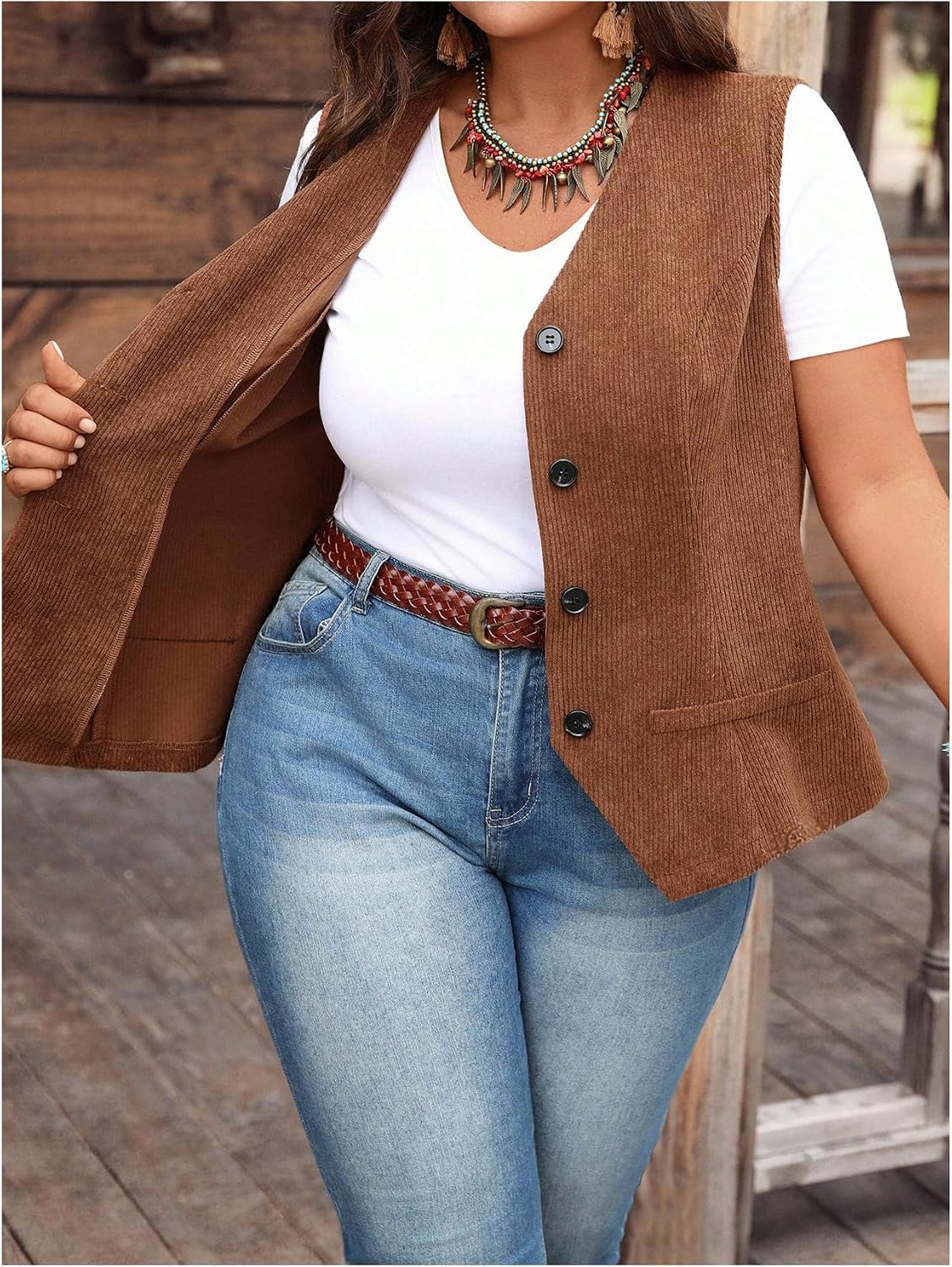 Women's Western Corduroy Vest Button Front Brown Waistcoat