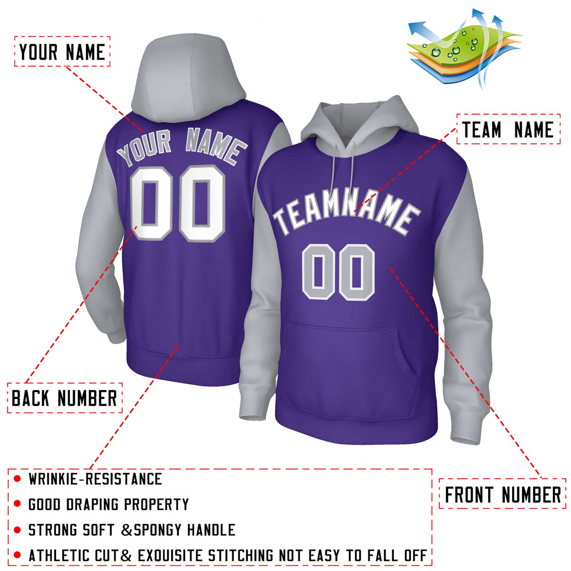 Maßgeschneiderter, genähter Sportwear-Pullover-Hoodie mit Raglanärmeln