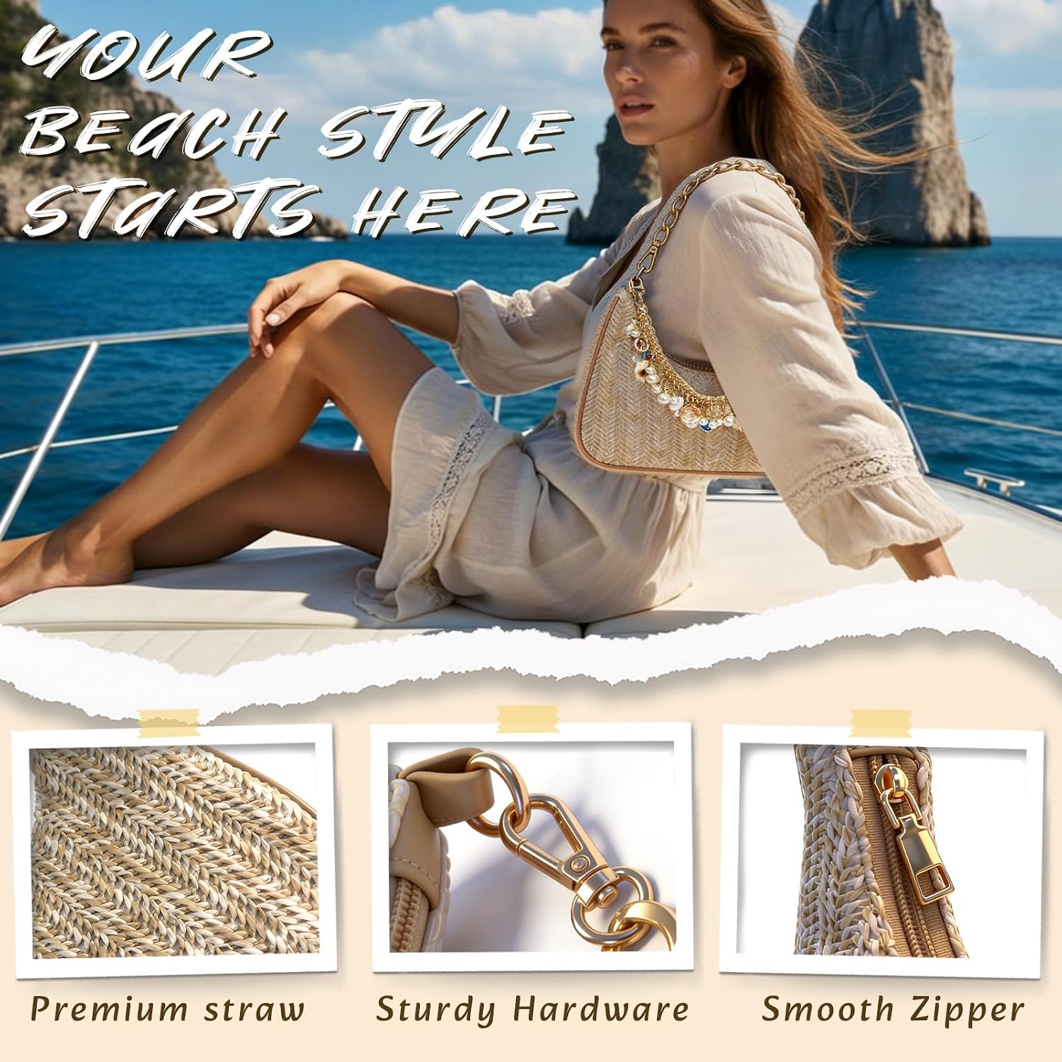 Women's Straw Shell Charm Shoulder Bag