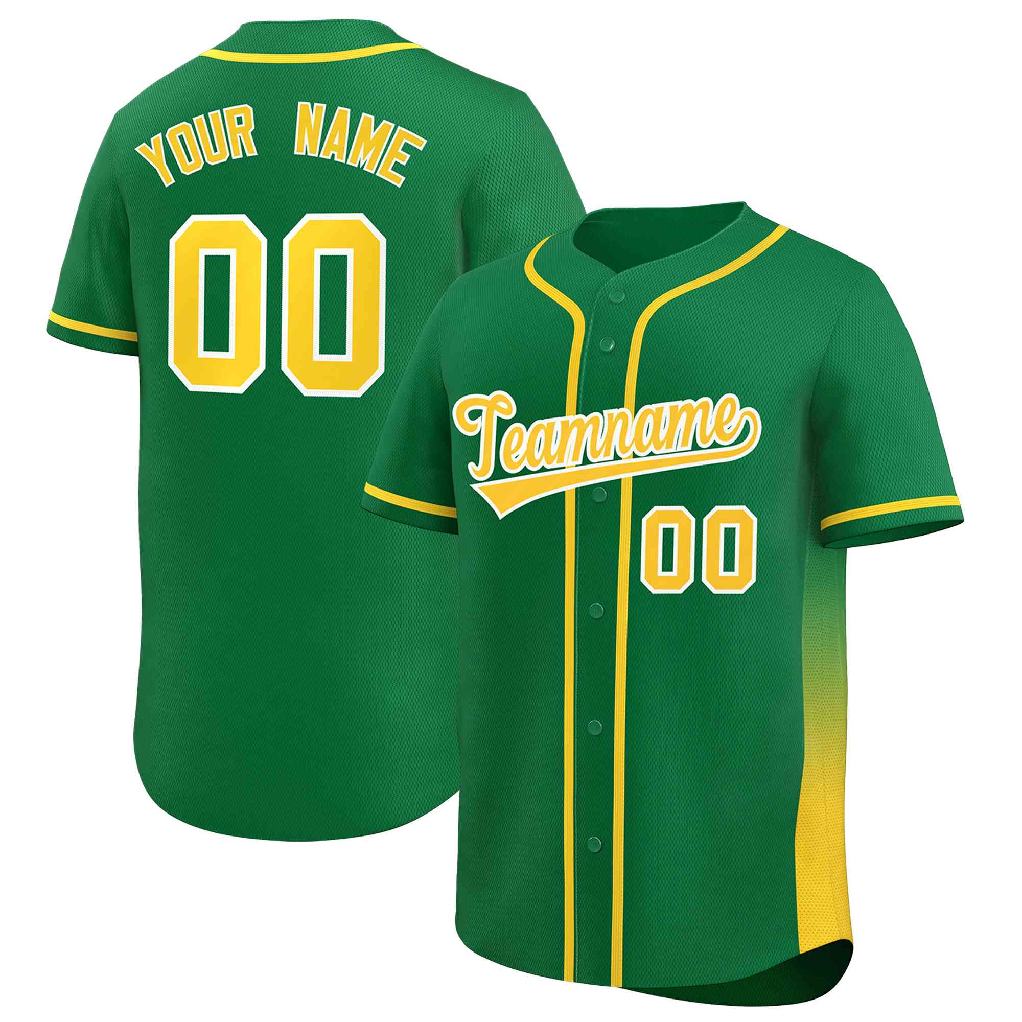 Benutzerdefinierte Kelly Green Gold personalisiertes authentisches Baseball-Trikot mit seitlichem Farbverlauf