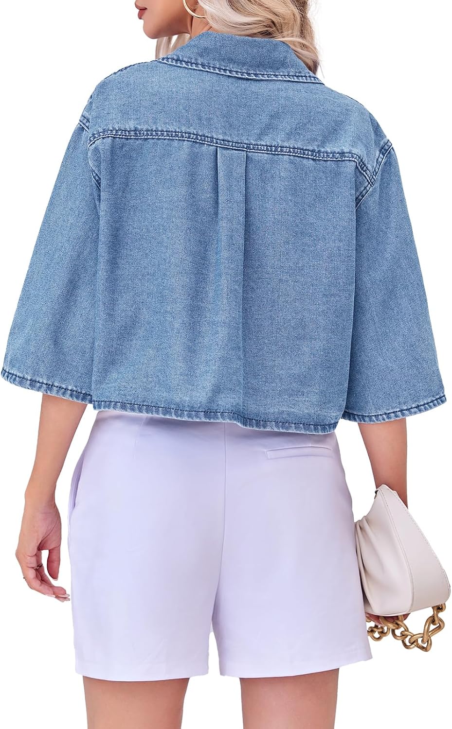 Women's Cropped Denim Shirt Half Sleeve Button Down