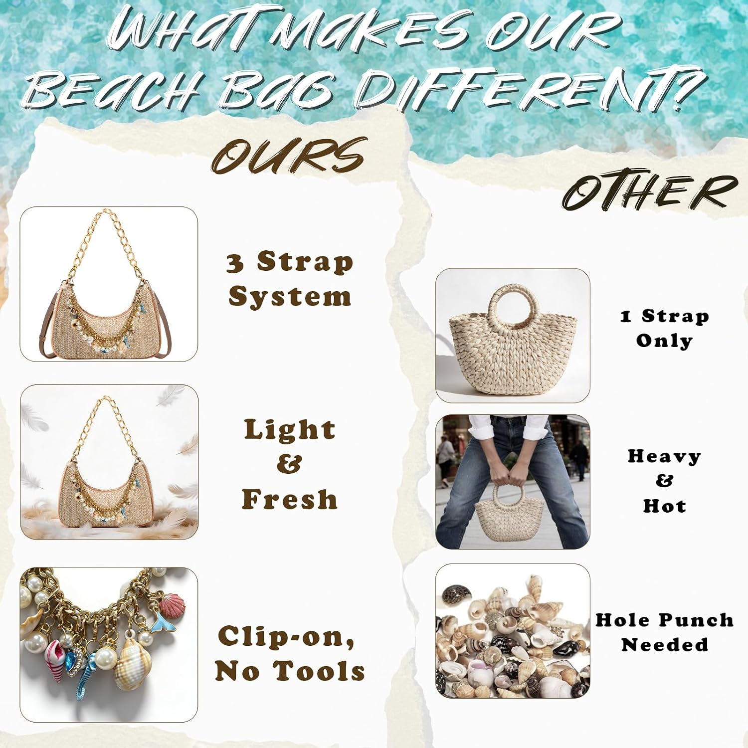 Women's Straw Shell Charm Shoulder Bag