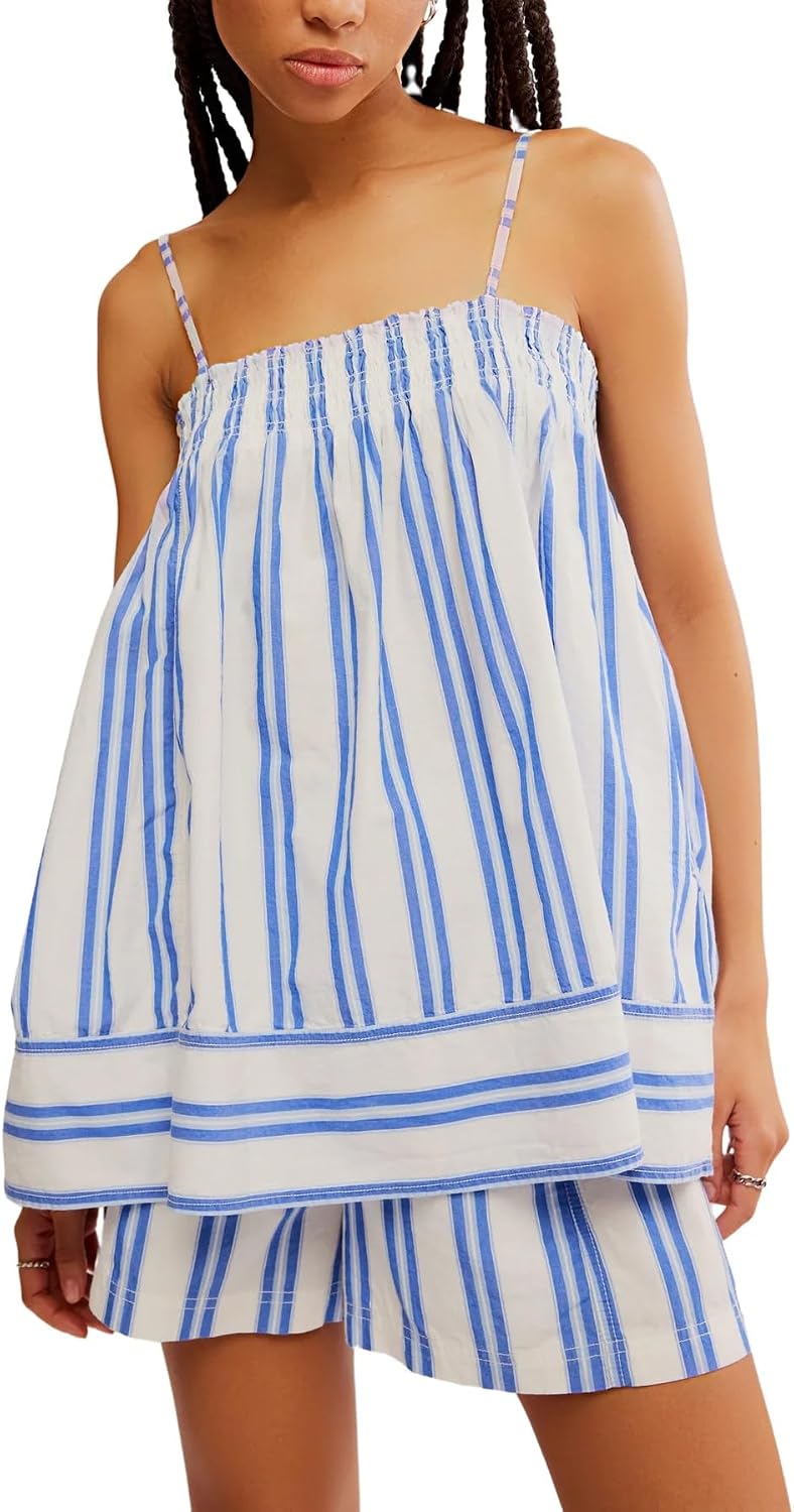 Women's Blue Striped Cami Top and Shorts Lounge Set