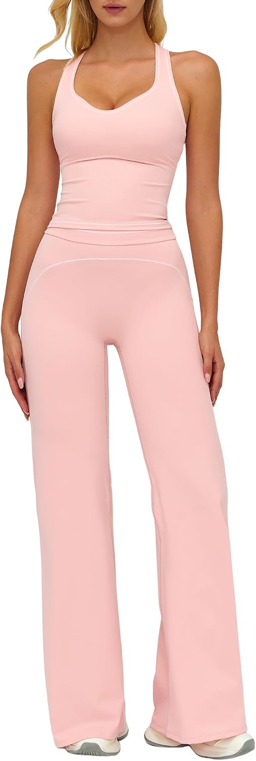 Women's Yoga Jogger Compression Contrast Tank Top Tummy Control Bell Bottom Flare Pants Leggings Running Outfits