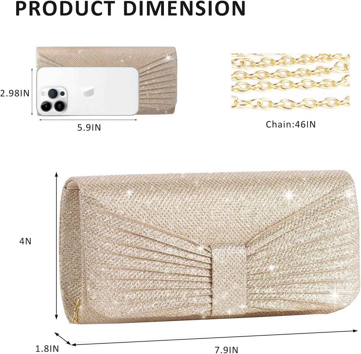 Women's Gold Glitter Envelope Clutch with Bow and Chain