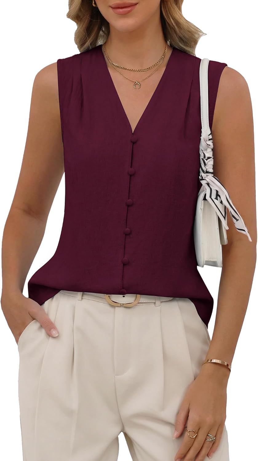 Women's V Neck Sleeveless Blouse Button Front Plum