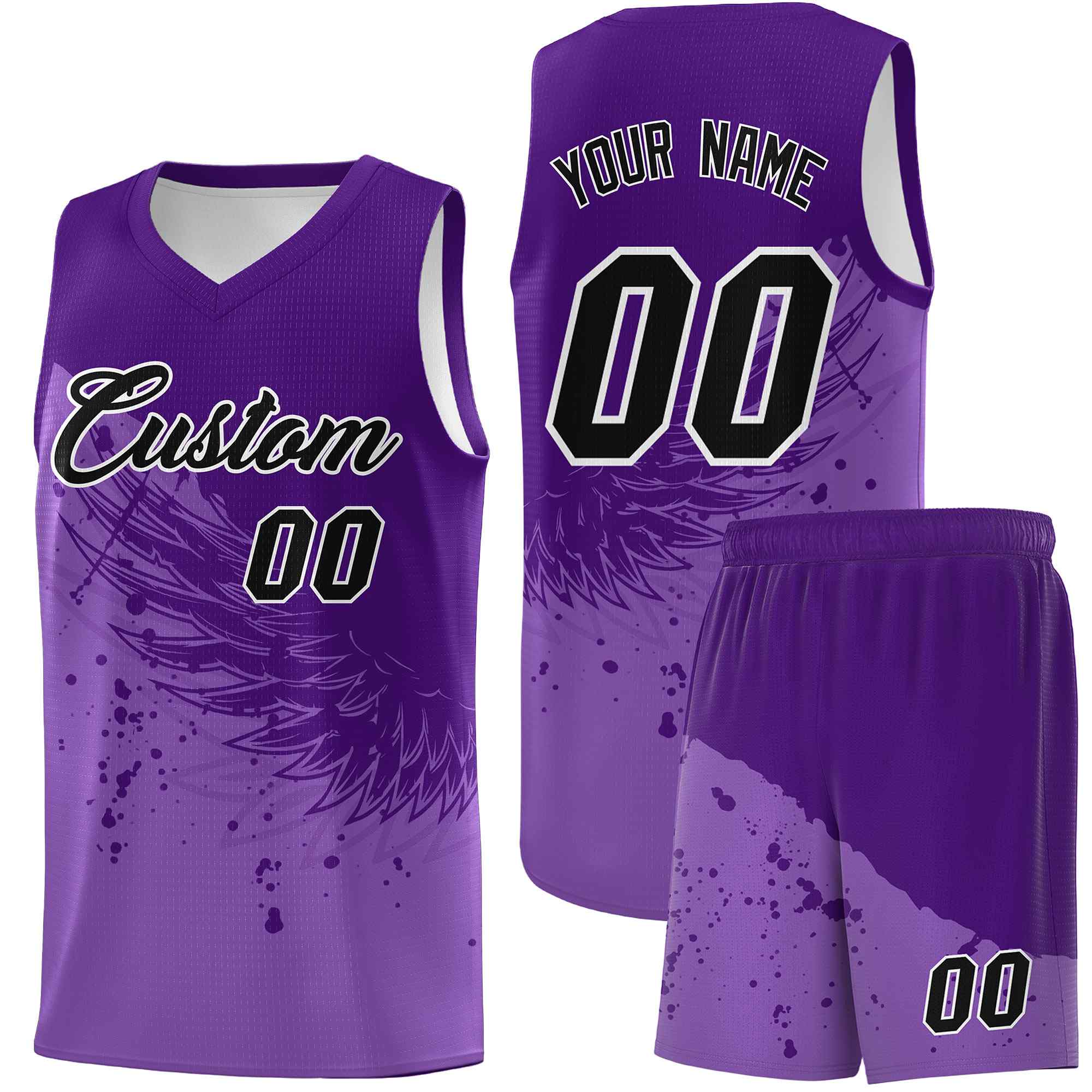 Benutzerdefiniertes hellviolettes lila Flügelmuster-Sportuniform-Basketballtrikot