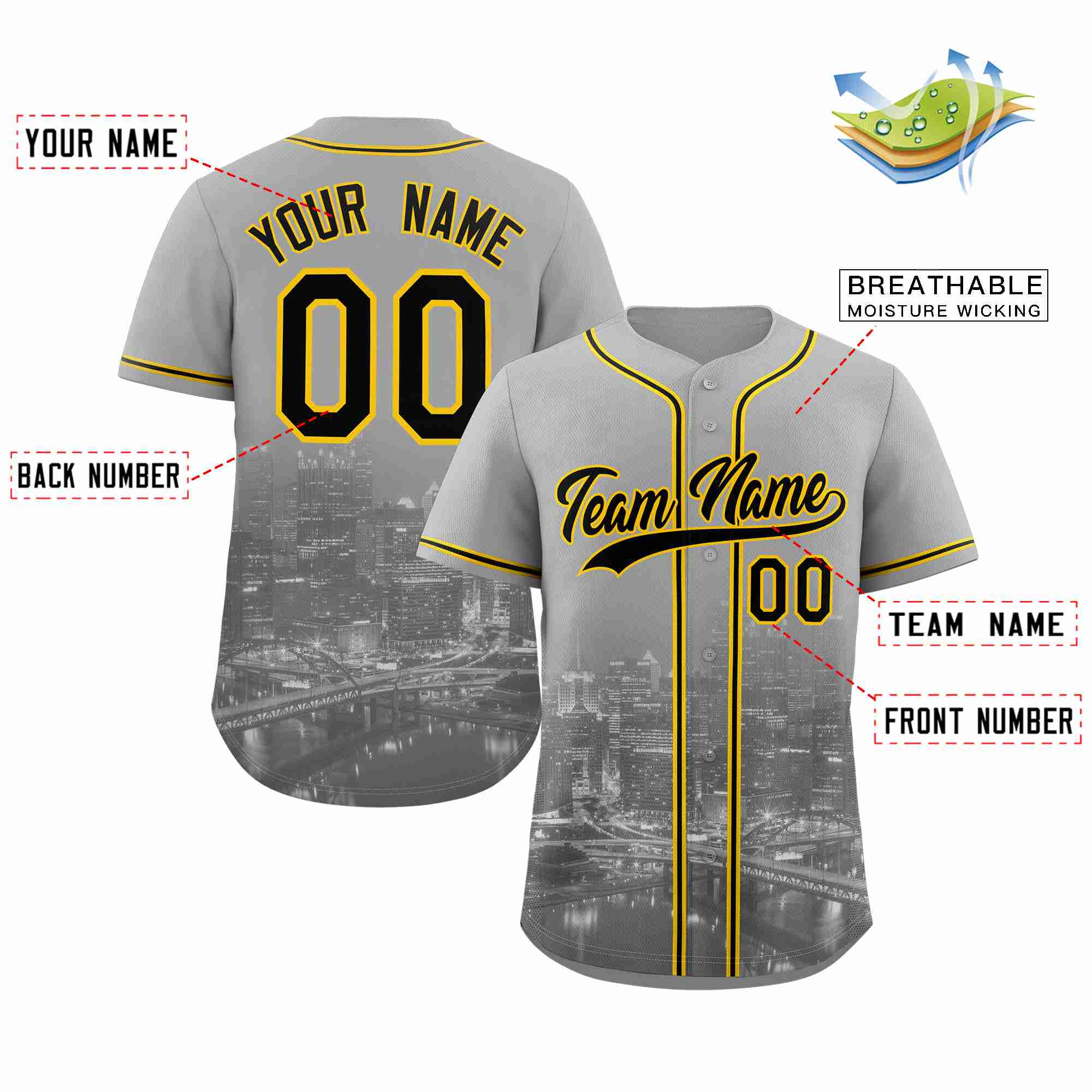 Benutzerdefiniertes Pittsburgh City Skyline Baseball-Trikot Benutzerdefiniertes Pittsburgh City Skyline Baseball-Trikot