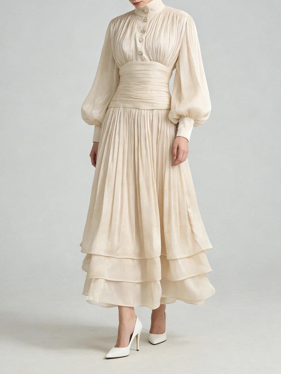 Women's High Neck Maxi Dress Puff Sleeve Ruched Champagne Women's High Neck Maxi Dress Puff Sleeve Ruched Champagne