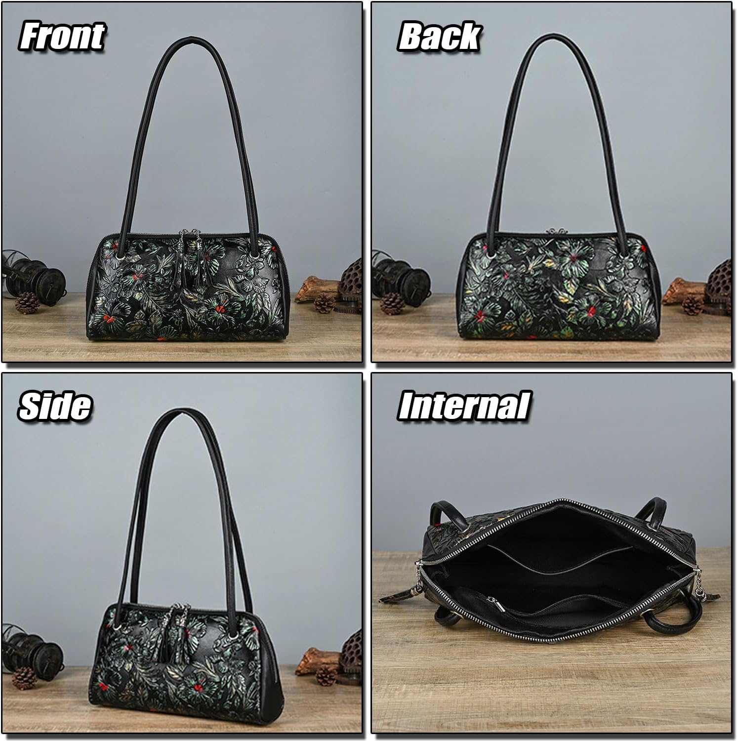 Women's Embossed Floral Leather Zip Shoulder Bag Black