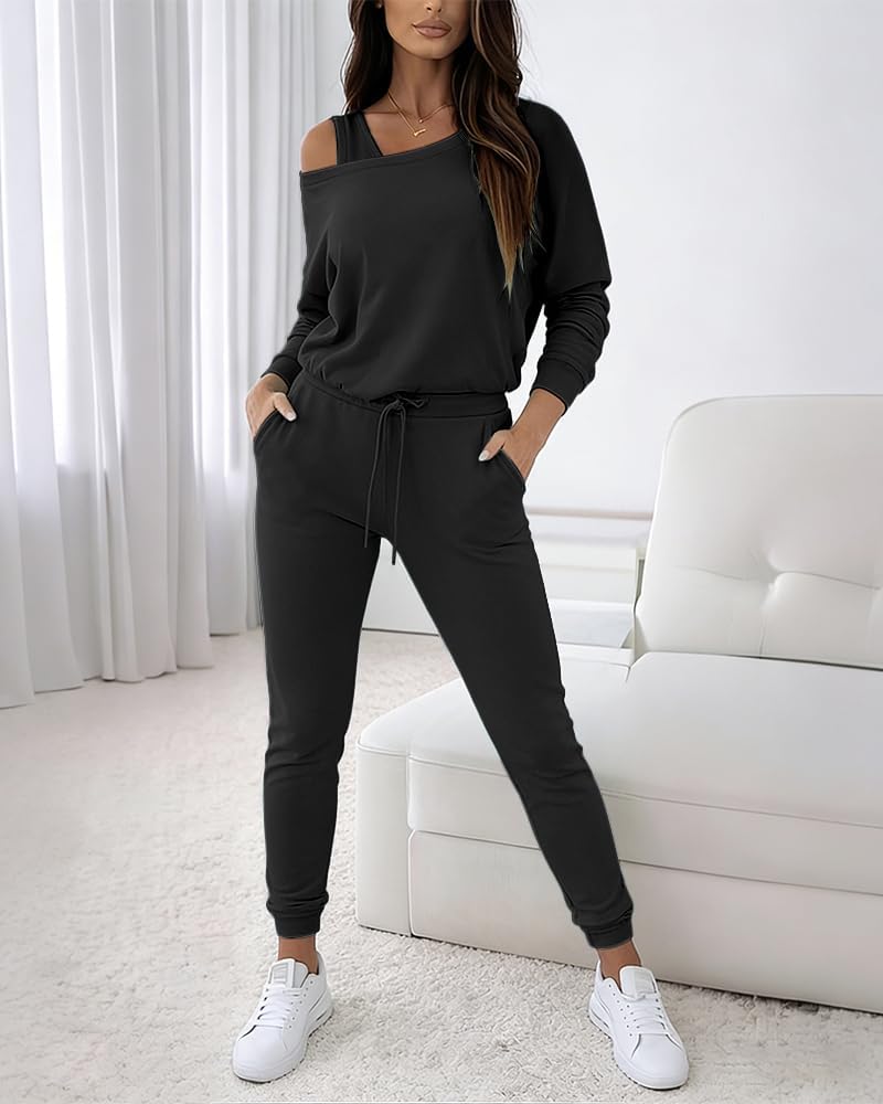 Women's 3 Piece Sweatsuit Ribbed Lounge Set Black