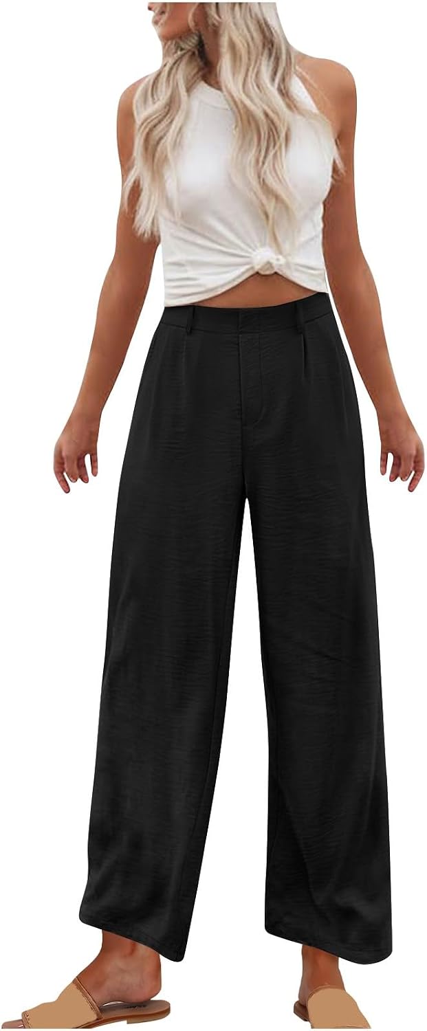 Womens Loose Wide Leg Pants High Waist Straight Work Dress Pant Plain Trouser with Pockets
