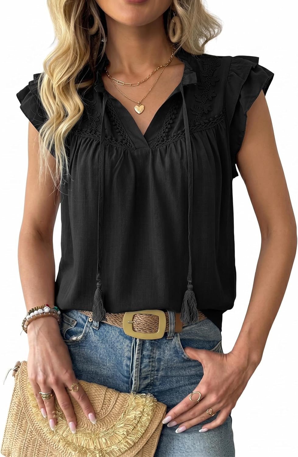 Women's Lace Embroidery Tassel V Neck Blouse Black Women's Lace Embroidery Tassel V Neck Blouse Black