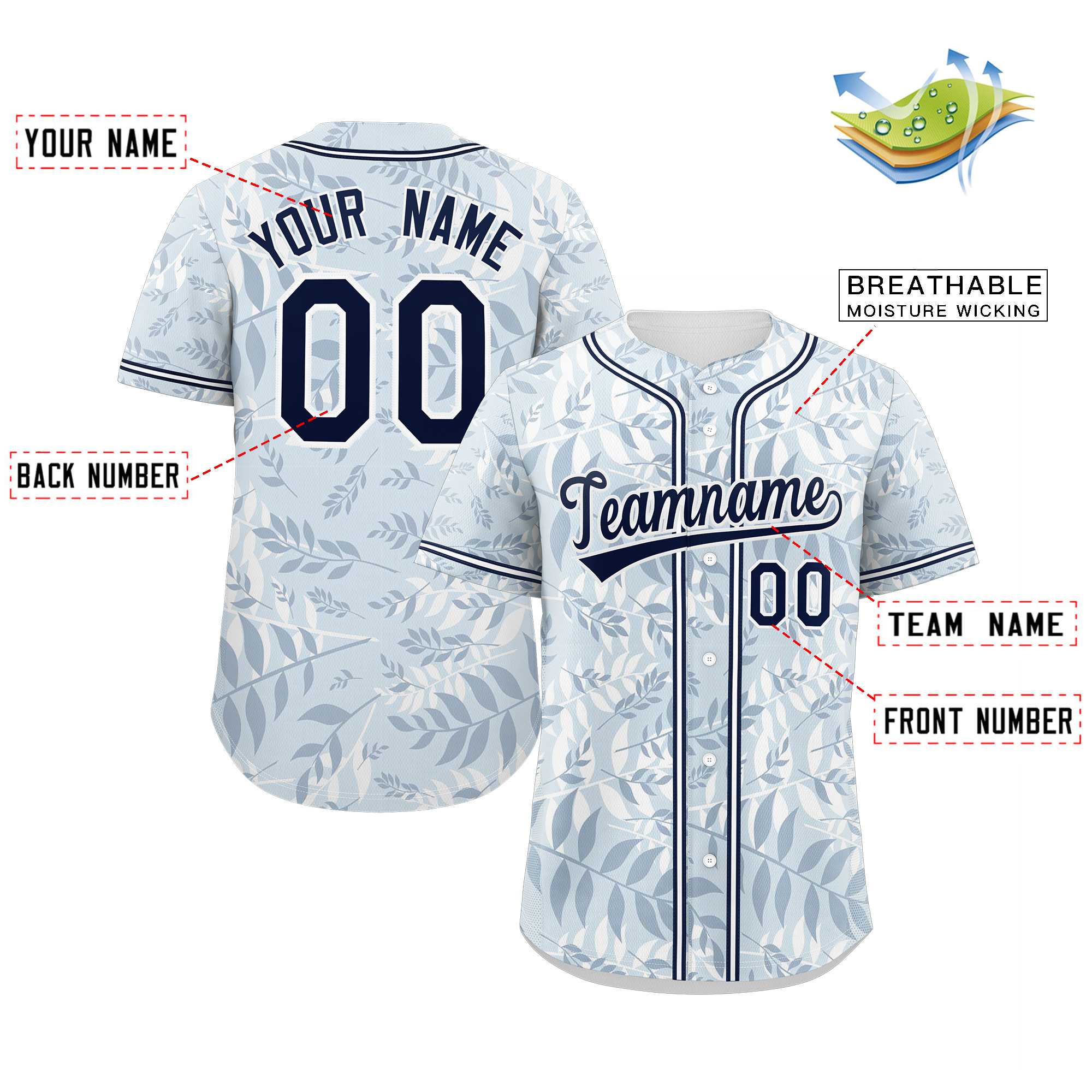 Benutzerdefiniertes authentisches Palmblatt-Baseballtrikot mit Graffiti-Muster in Hellblau, Marineblau und Weiß