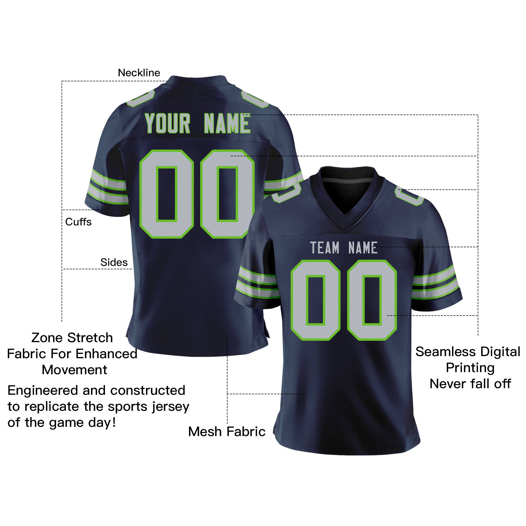 Benutzerdefiniertes, personalisiertes, klassisches, authentisches Mesh-Fußballtrikot in Marineblau-Grau-Neongrün