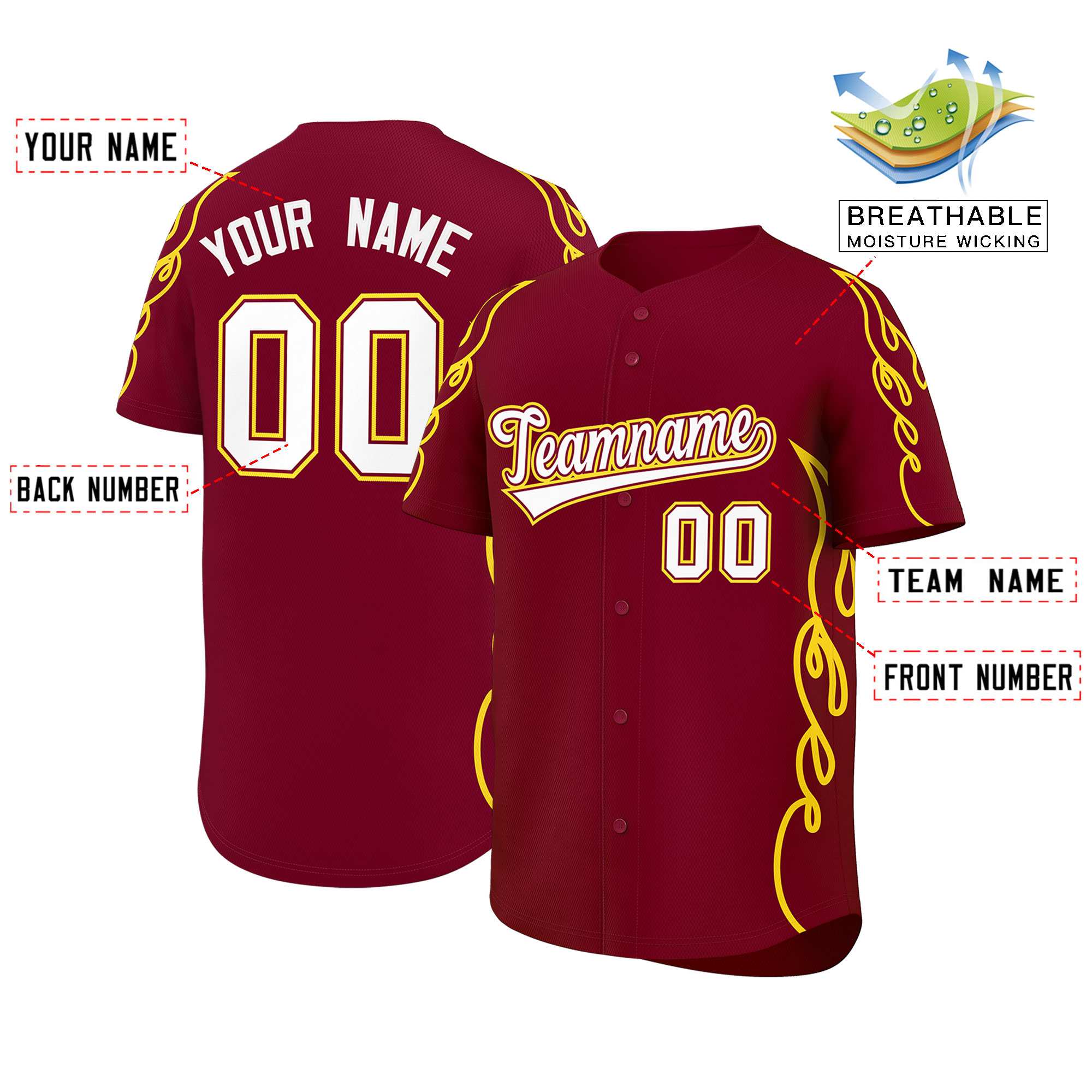 Benutzerdefiniertes Baseball-Trikot mit Seitenflammen-Umrissmuster für Sportuniformen