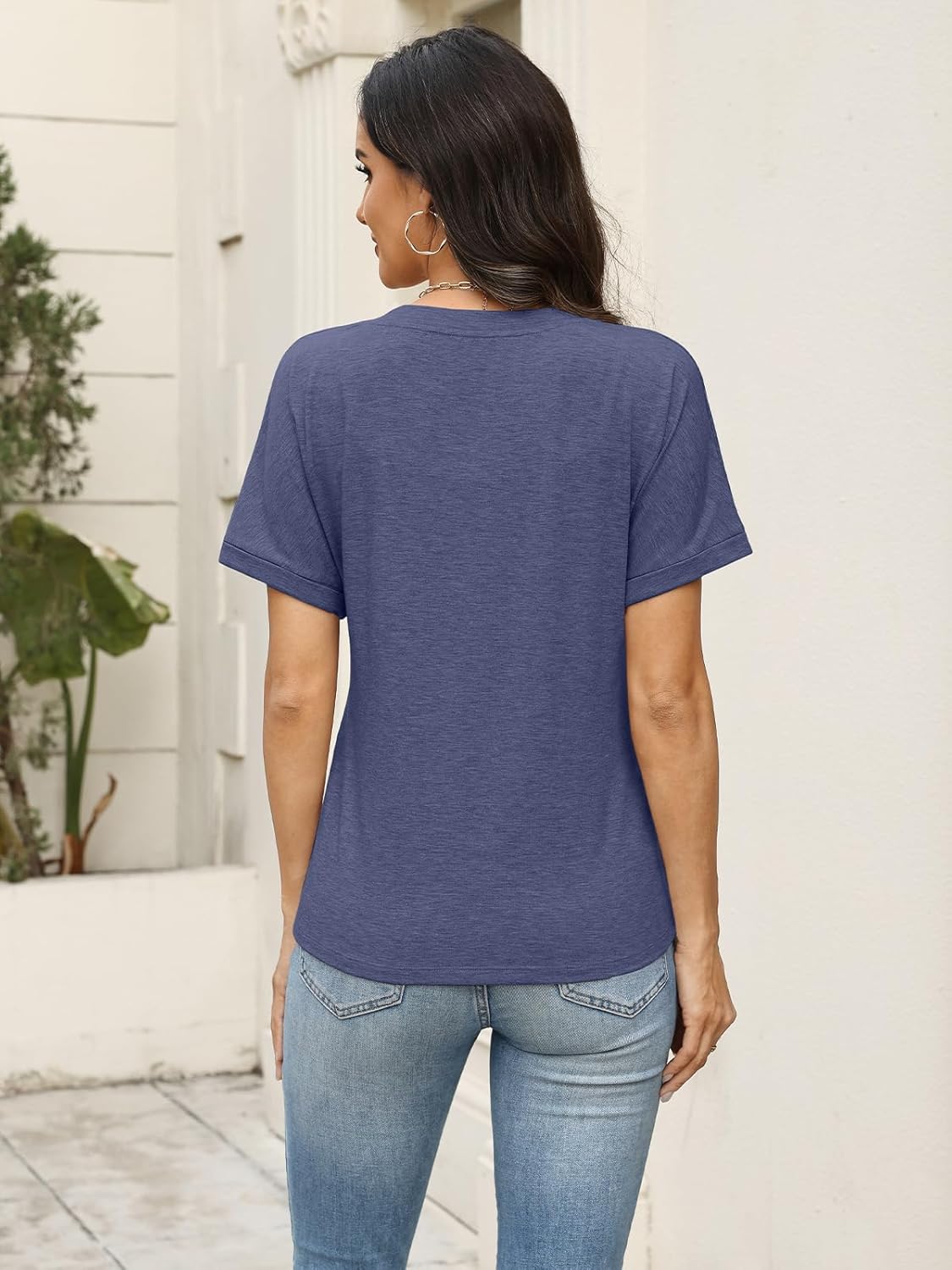 Womens Button Down Shirts Short Sleeve Summer V Neck T Loose Fit Cotton Blend No See-through Easy Care Tees Fall Clothing