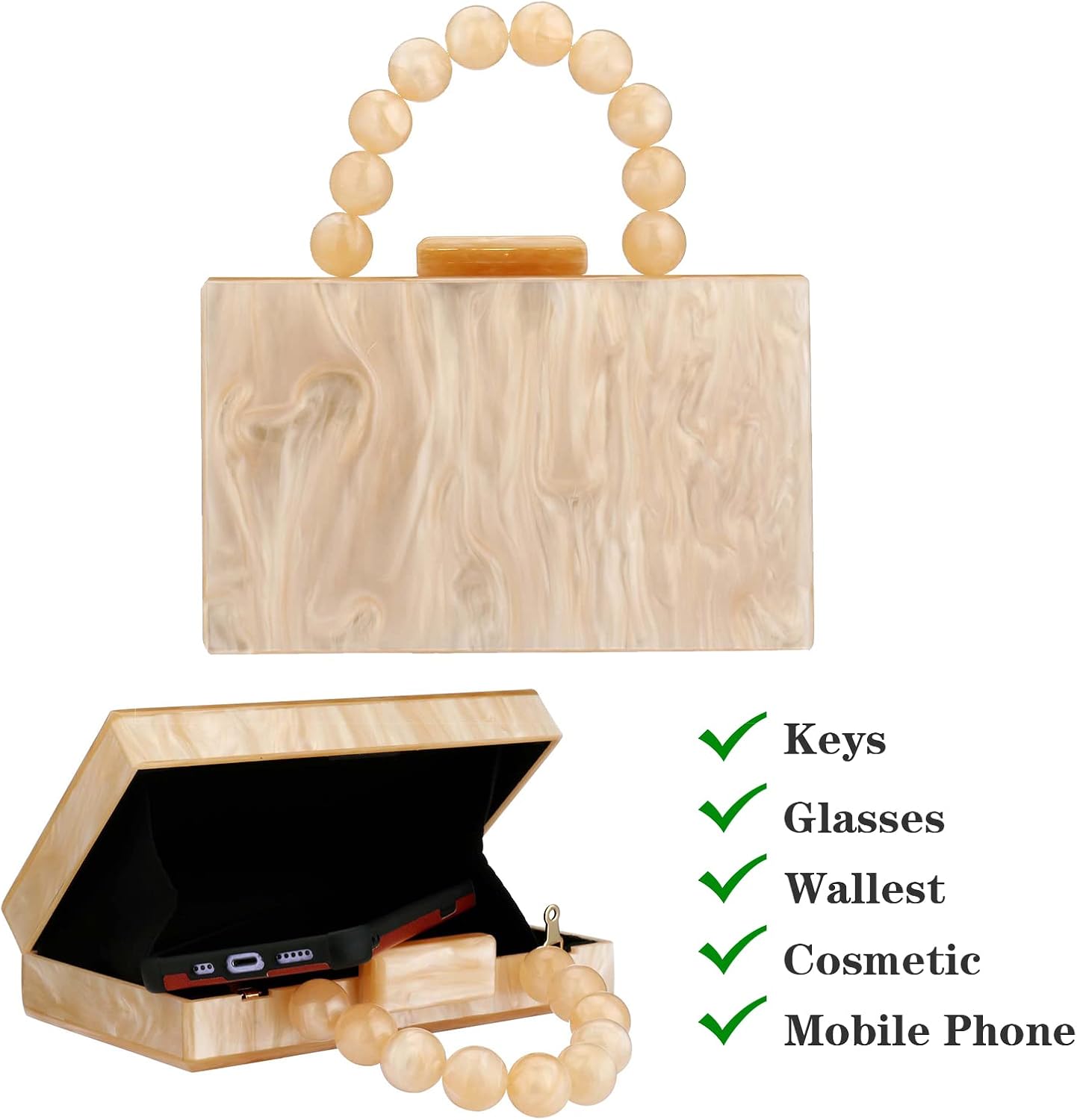 Women's Marble Acrylic Clutch Box Purse with Beaded Handle