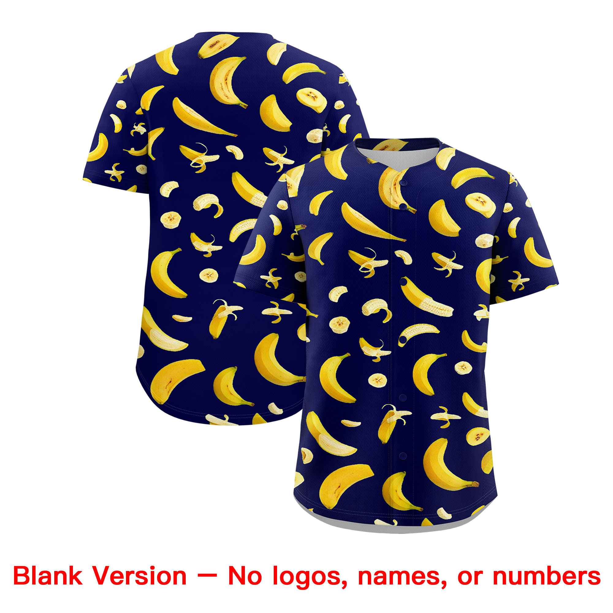 Benutzerdefiniertes dunkelblaues Bananen-Graffiti-Muster, modisches, authentisches Baseball-Trikot