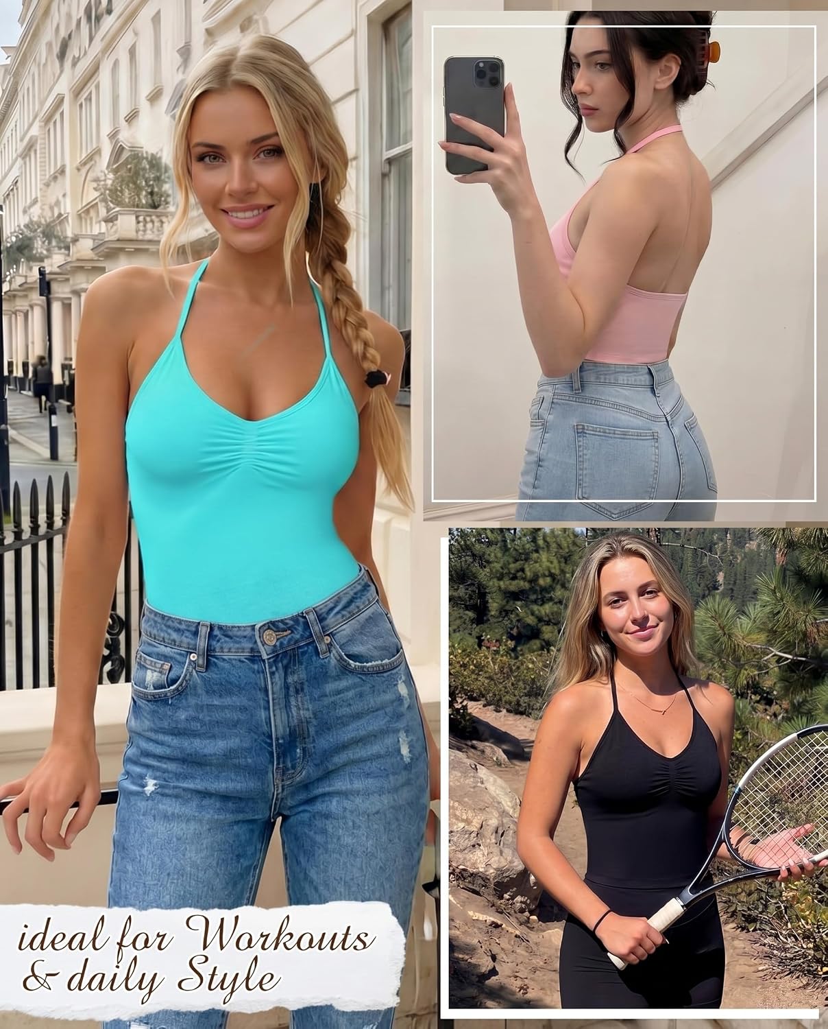 Women's Halter Padded Workout Cami 3 Pack V Neck