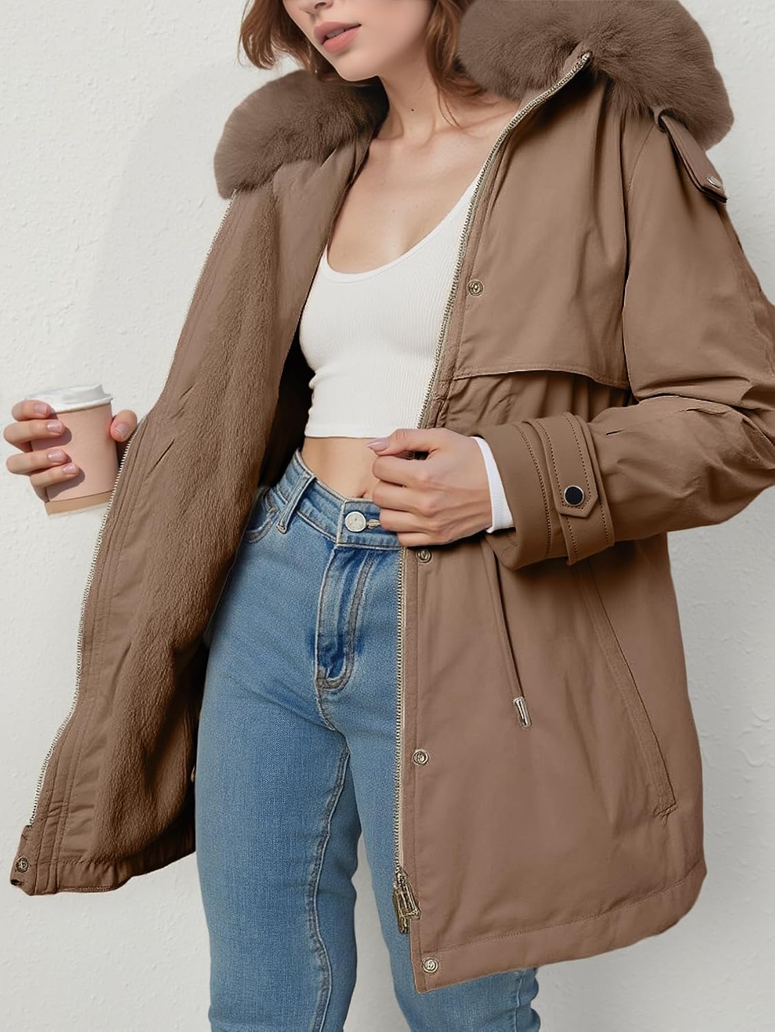 Women Warm Thicken Winter Parka Coat Fleece Lined Military Full-Zip Jacket Overcoat with Fur Hood