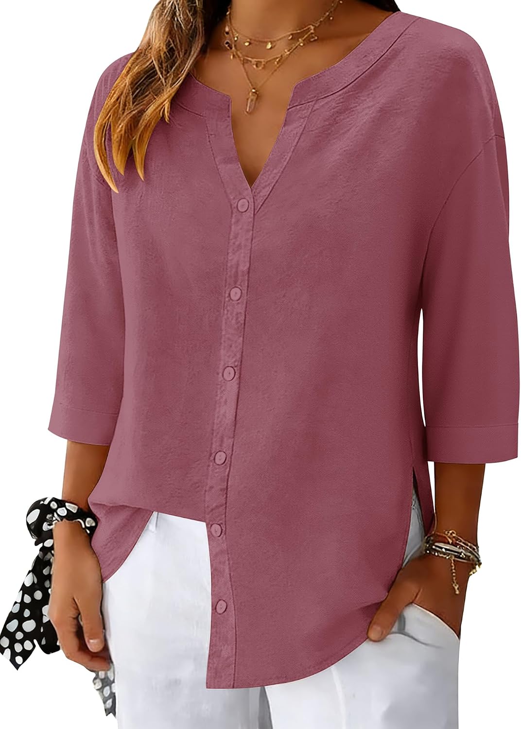 Women's Cotton Linen Shirt 3/4 Sleeve V Neck Rose