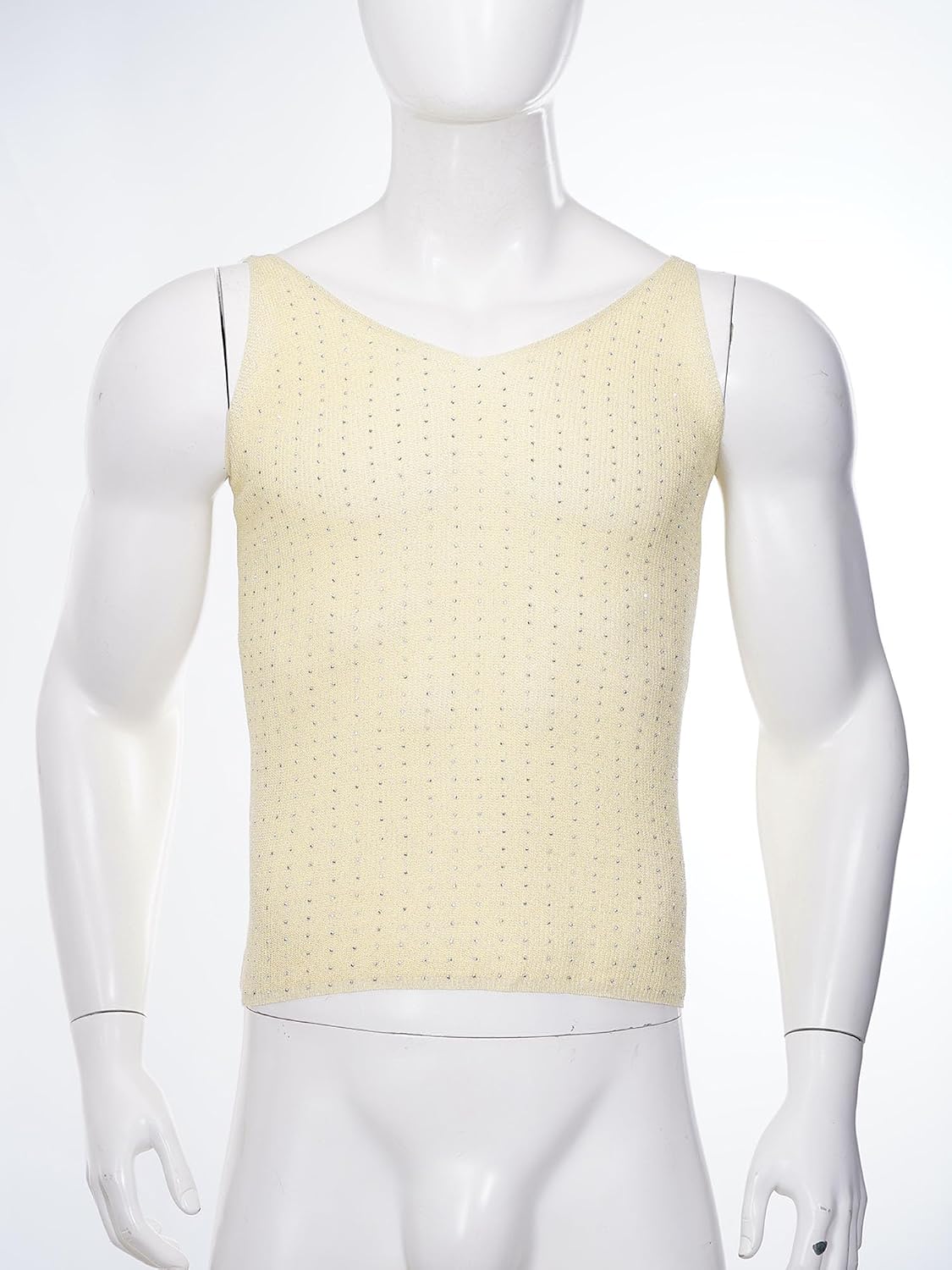 Men's Rhinestone V Neck Knit Tank Top Cream