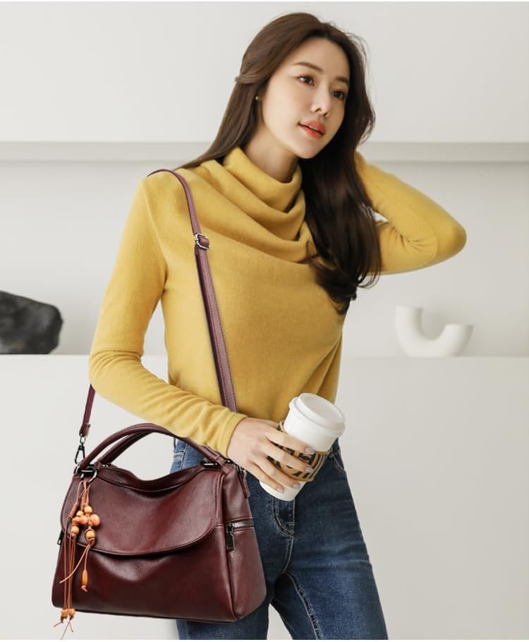 Women's Soft Pebbled Leather Flap Satchel Bag Wine Red Women's Soft Pebbled Leather Flap Satchel Bag Wine Red