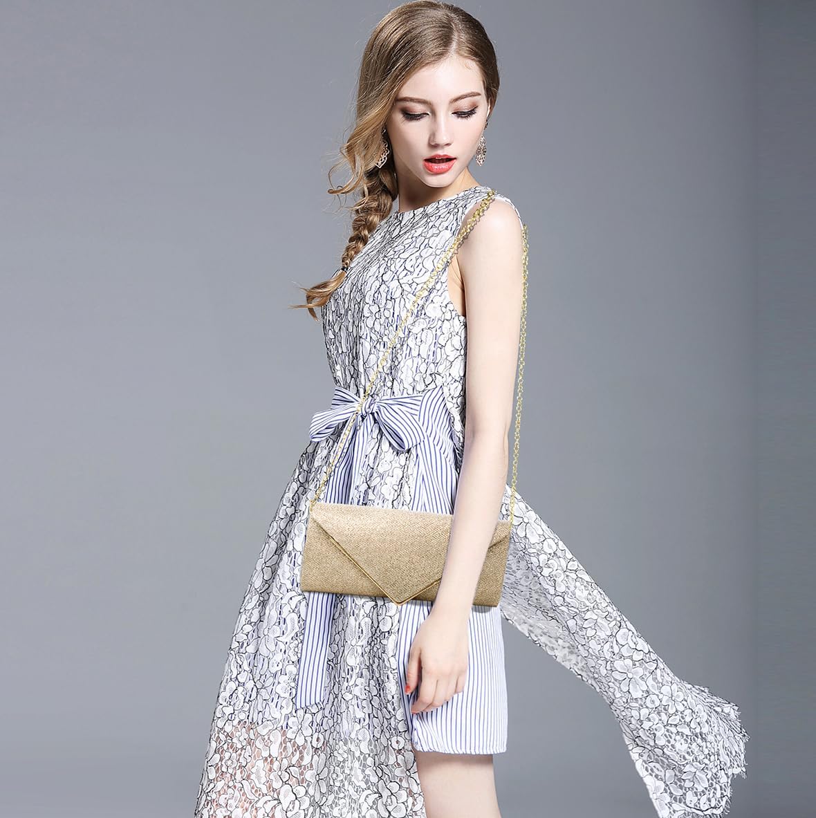 Women's Gold Glitter Envelope Clutch with Detachable Chain