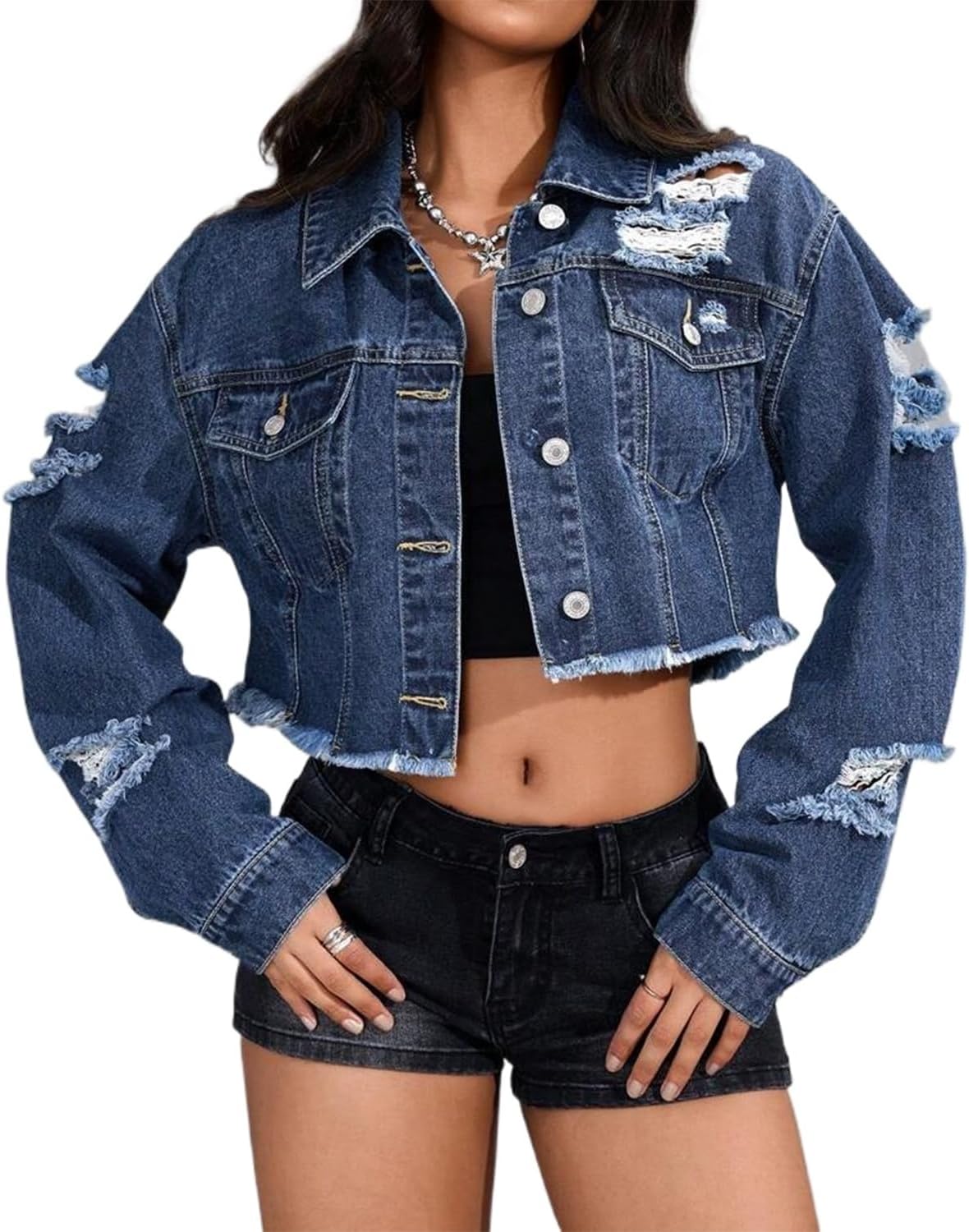 Women's Cropped Jean Jacket Ripped Long Sleeve Button Down Raw Hem Distressed Short Denim Jackets