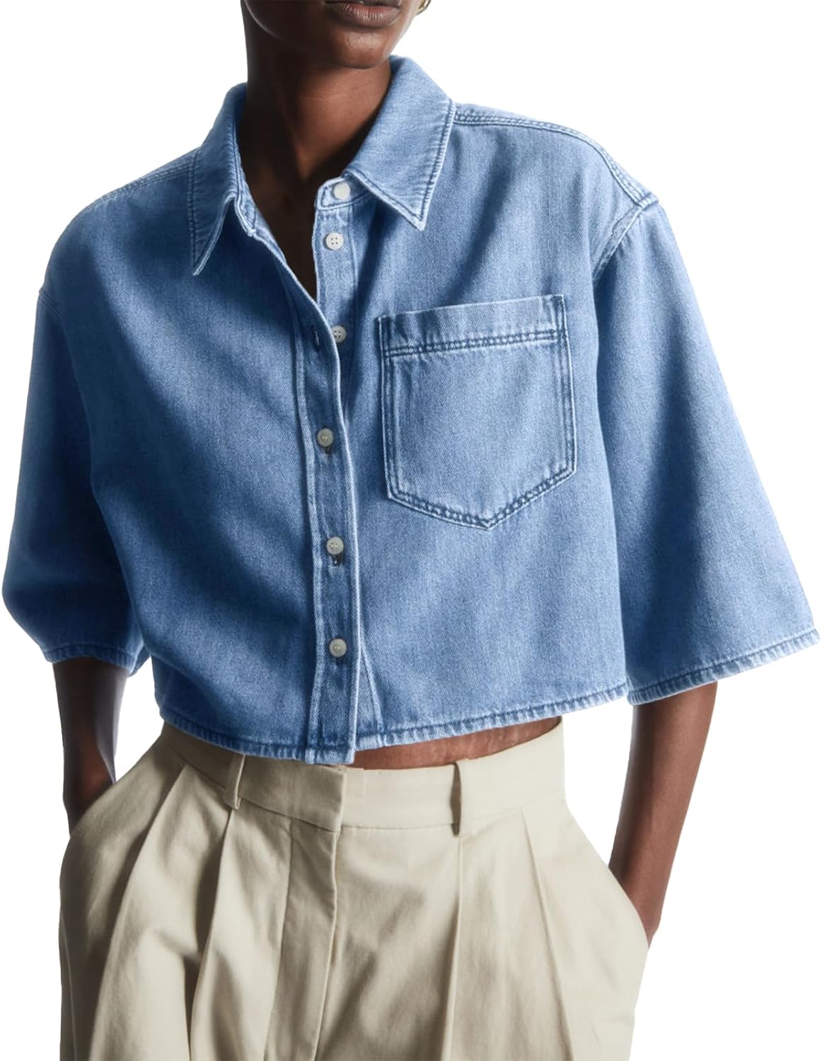 Women's Cropped Denim Shirt Half Sleeve Button Down