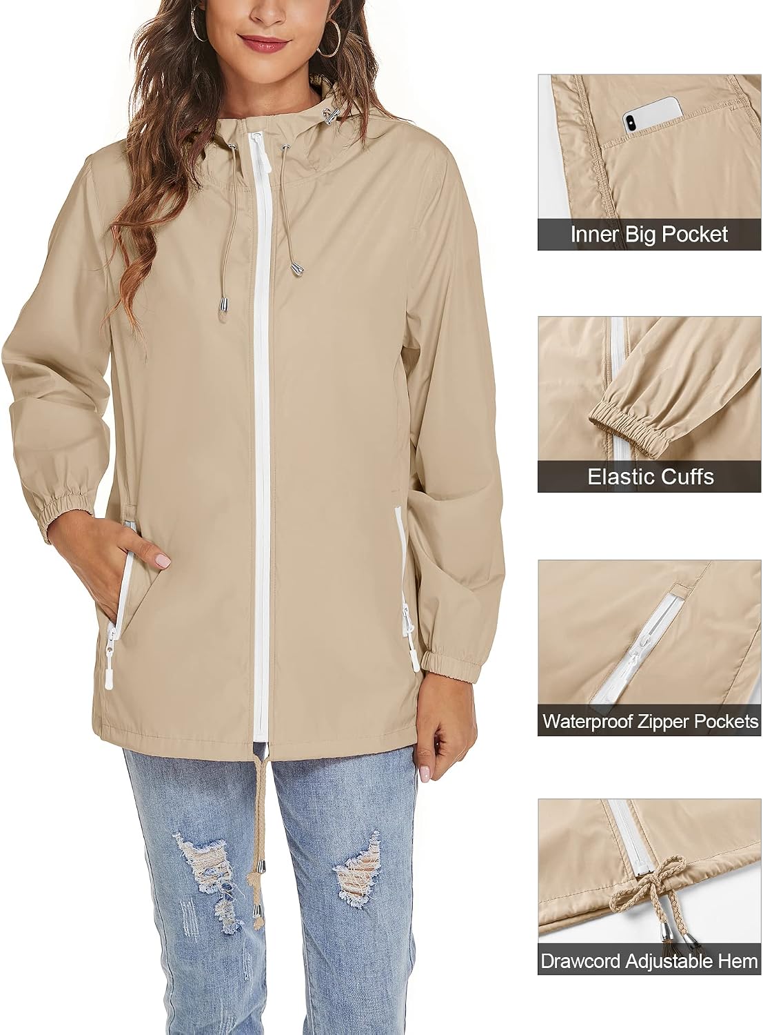 Women's Packable Hooded Rain Jacket Lightweight Khaki