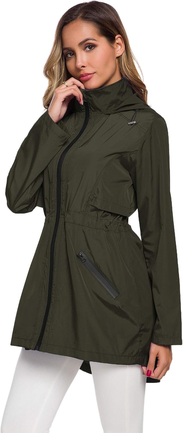 Women's Packable Long Rain Jacket Hooded Waterproof Army Green