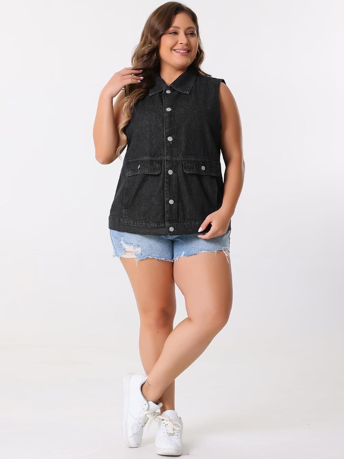 Women's Oversized Denim Vest Button Down Washed Black Shacket