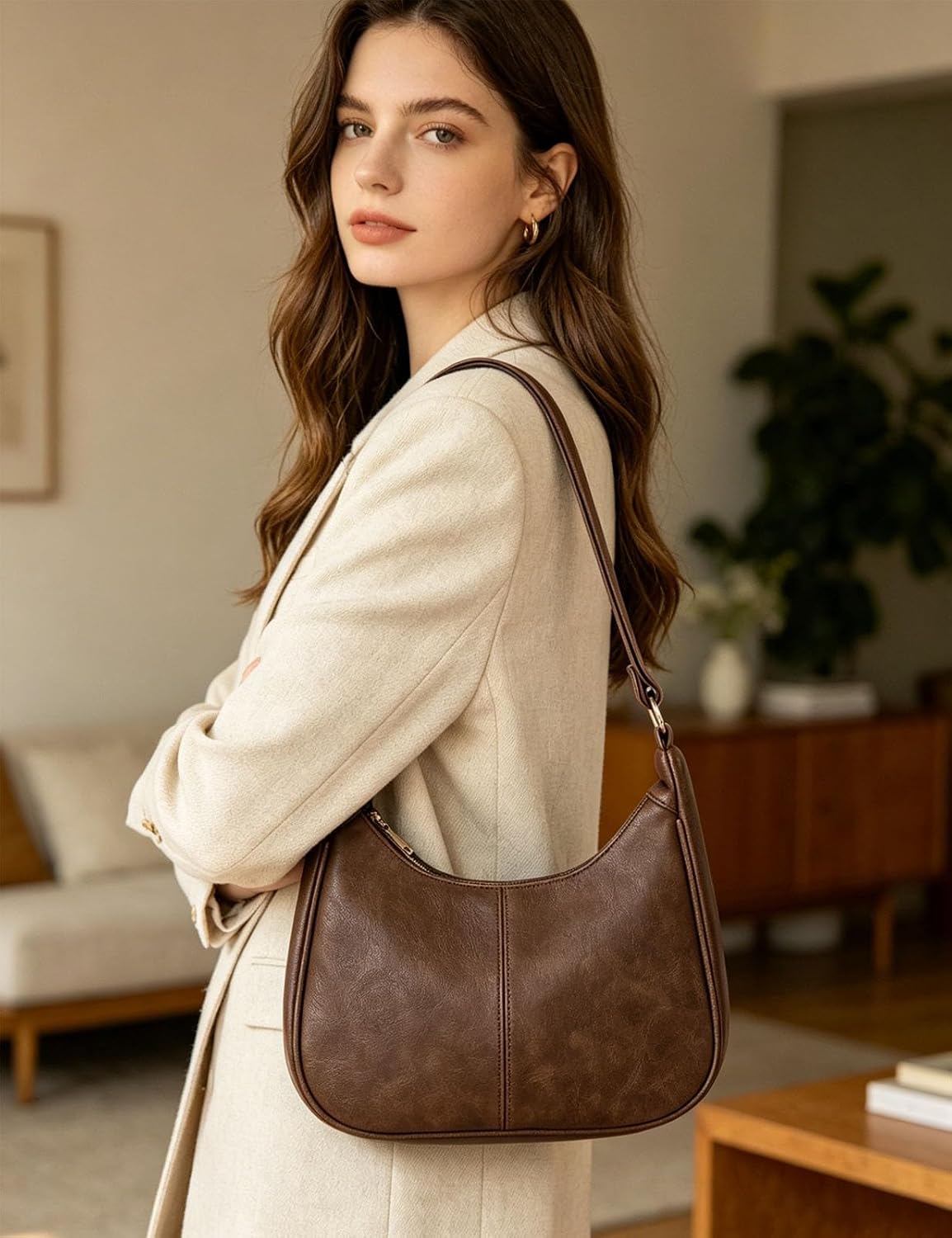 Women's Slouchy Vegan Leather Hobo Bag Crescent Purse