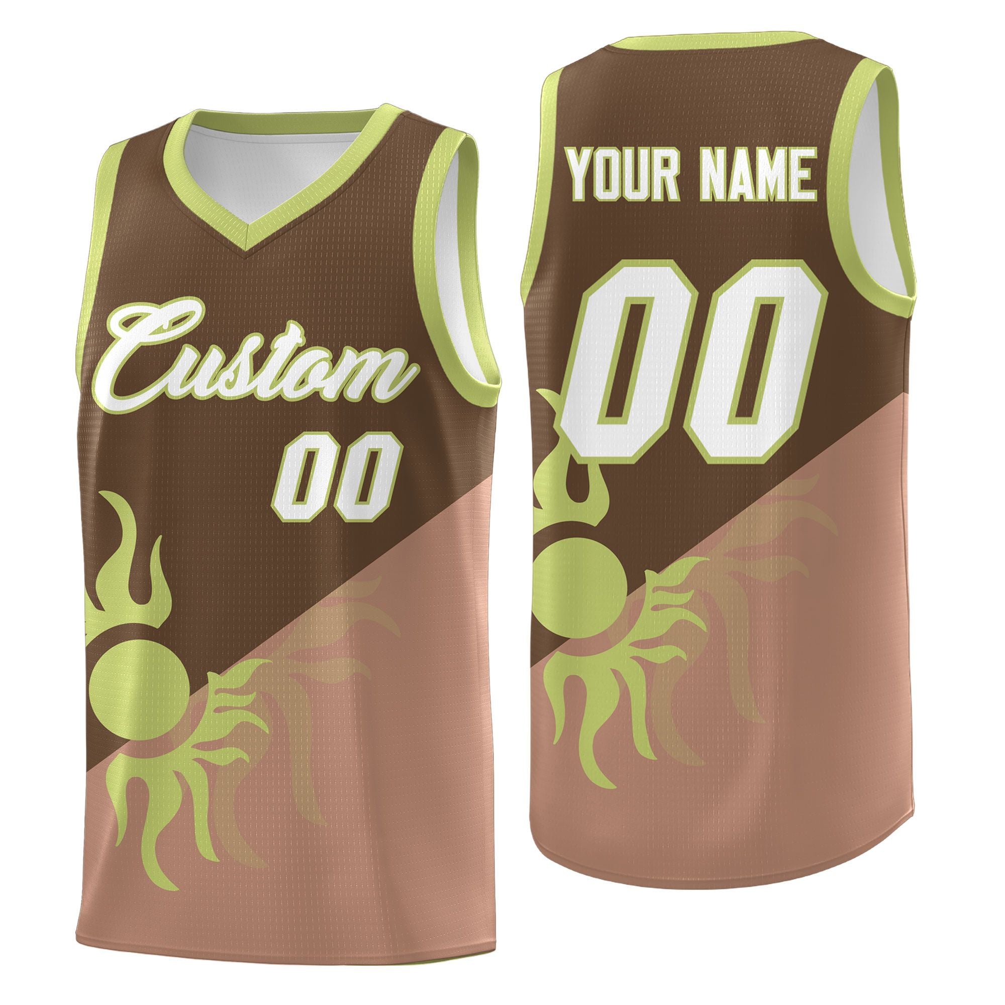 Benutzerdefiniertes Kaffee-Hellbraun-Strahlendes-Sonnen-Design, zweifarbiges, leichtes, einheitliches Basketballtrikot