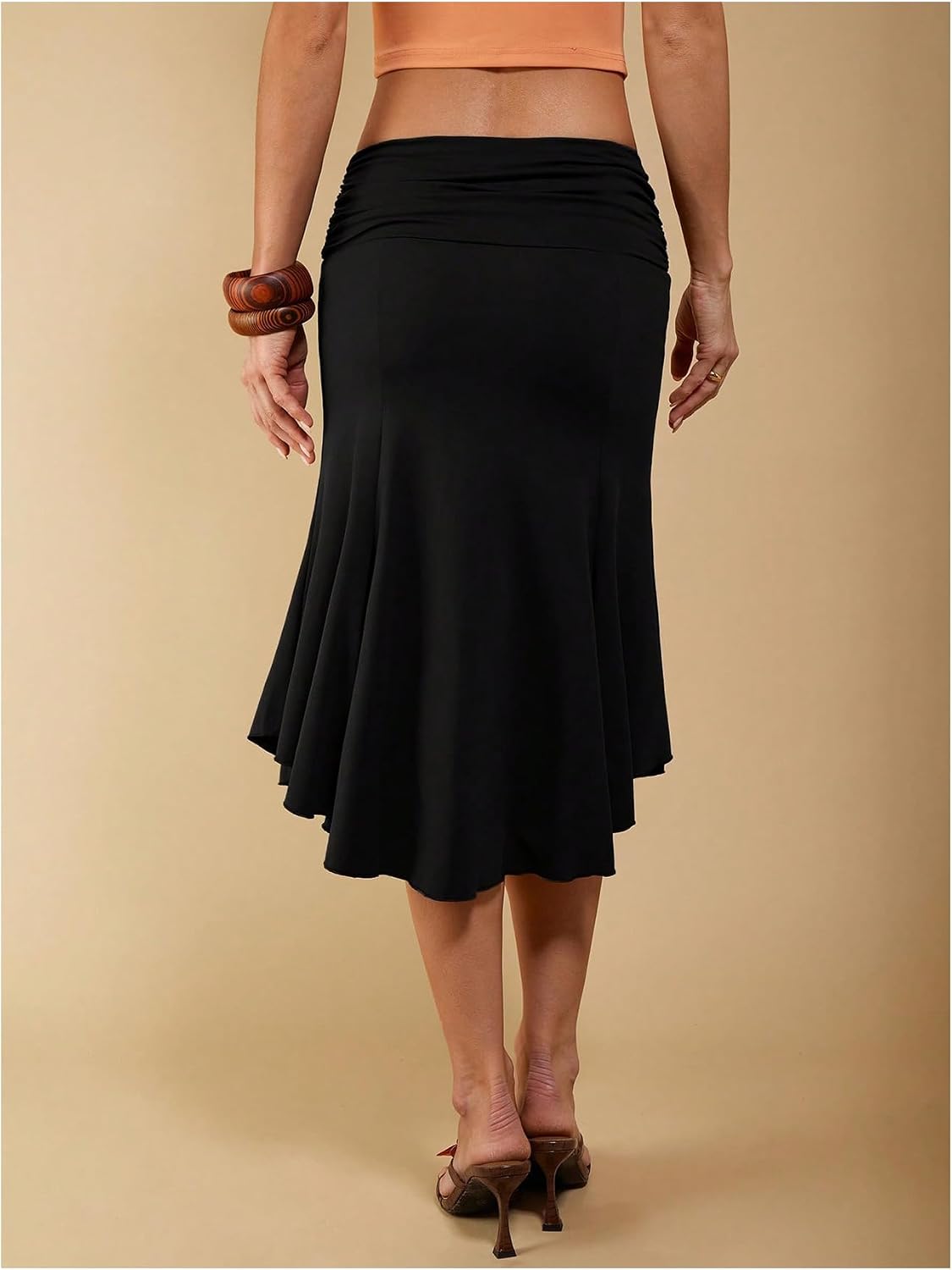 Women's High Low Ruffle Midi Skirt Elastic Black
