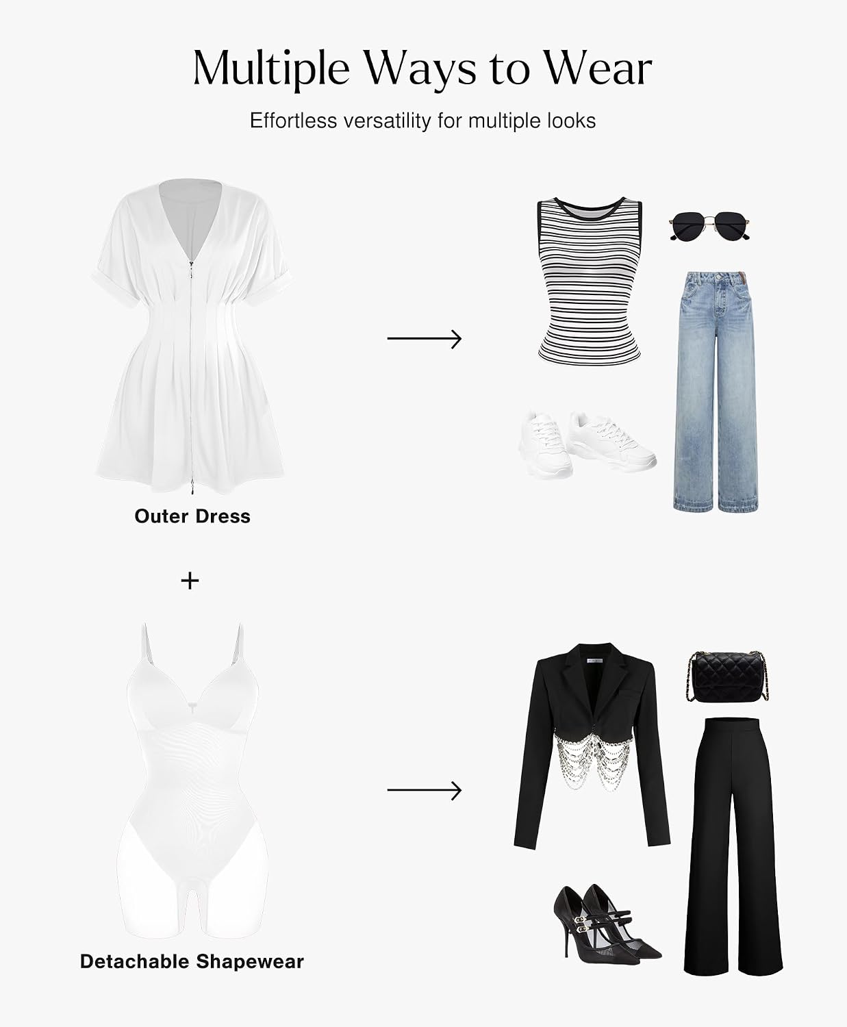 Casual Dresses for Women Short Sleeve Pleated A-Line Mini Dress with Shapewear V Neck Zip Front Two-Piece Set